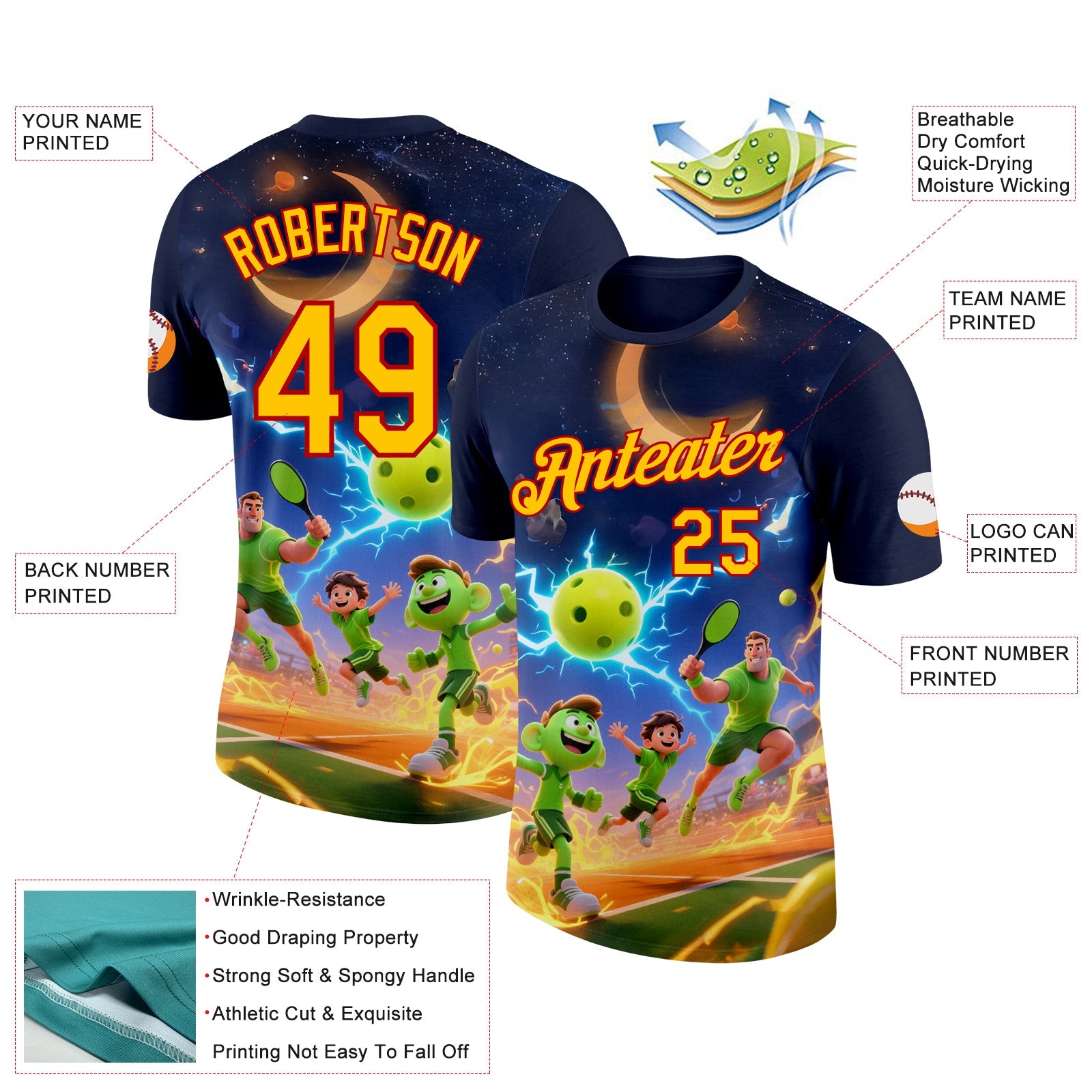 Custom Navy Yellow-Red 3D Charged Happy Family Pickleball Paddles Balls Performance T-Shirt view 2