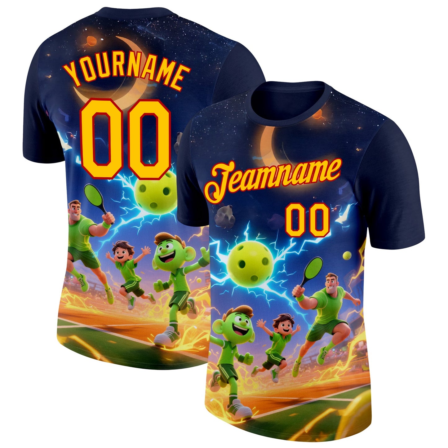 Custom Navy Yellow-Red 3D Charged Happy Family Pickleball Paddles Balls Performance T-Shirt - Main View