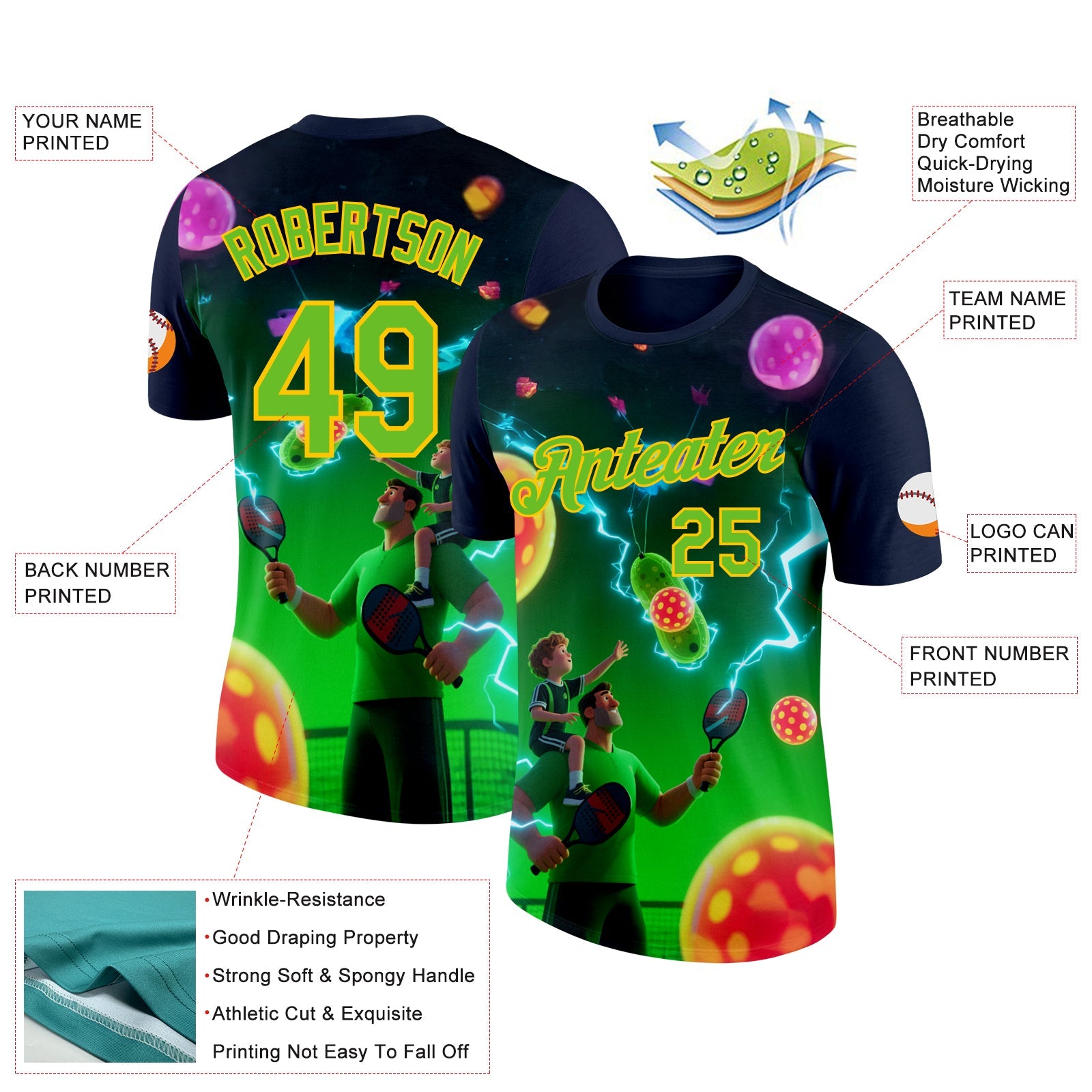 Custom Blue Aurora Green-Yellow 3D Charged Happy Family Pickleball Paddles Balls Performance T-Shirt view 2