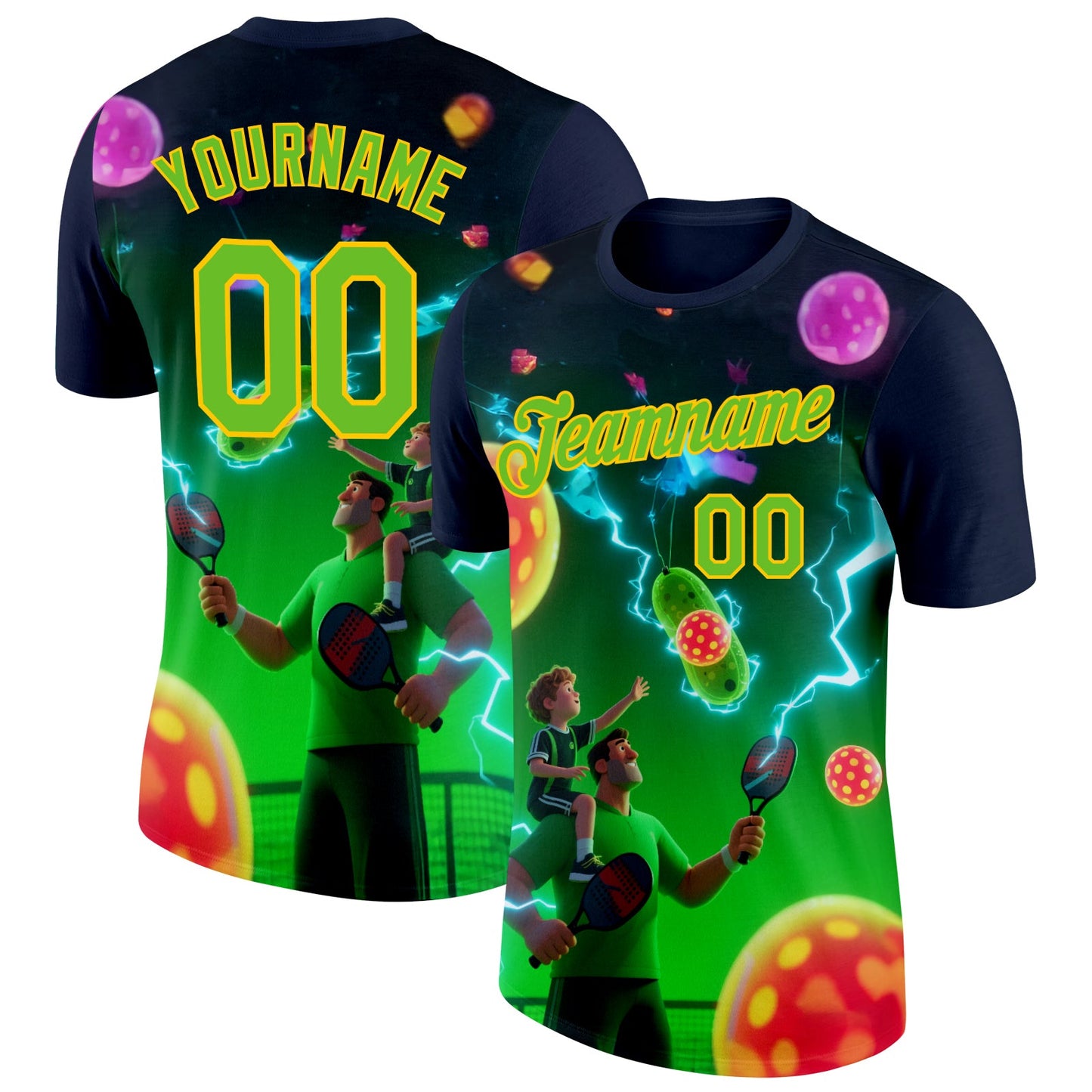 Custom Blue Aurora Green-Yellow 3D Charged Happy Family Pickleball Paddles Balls Performance T-Shirt - Main View