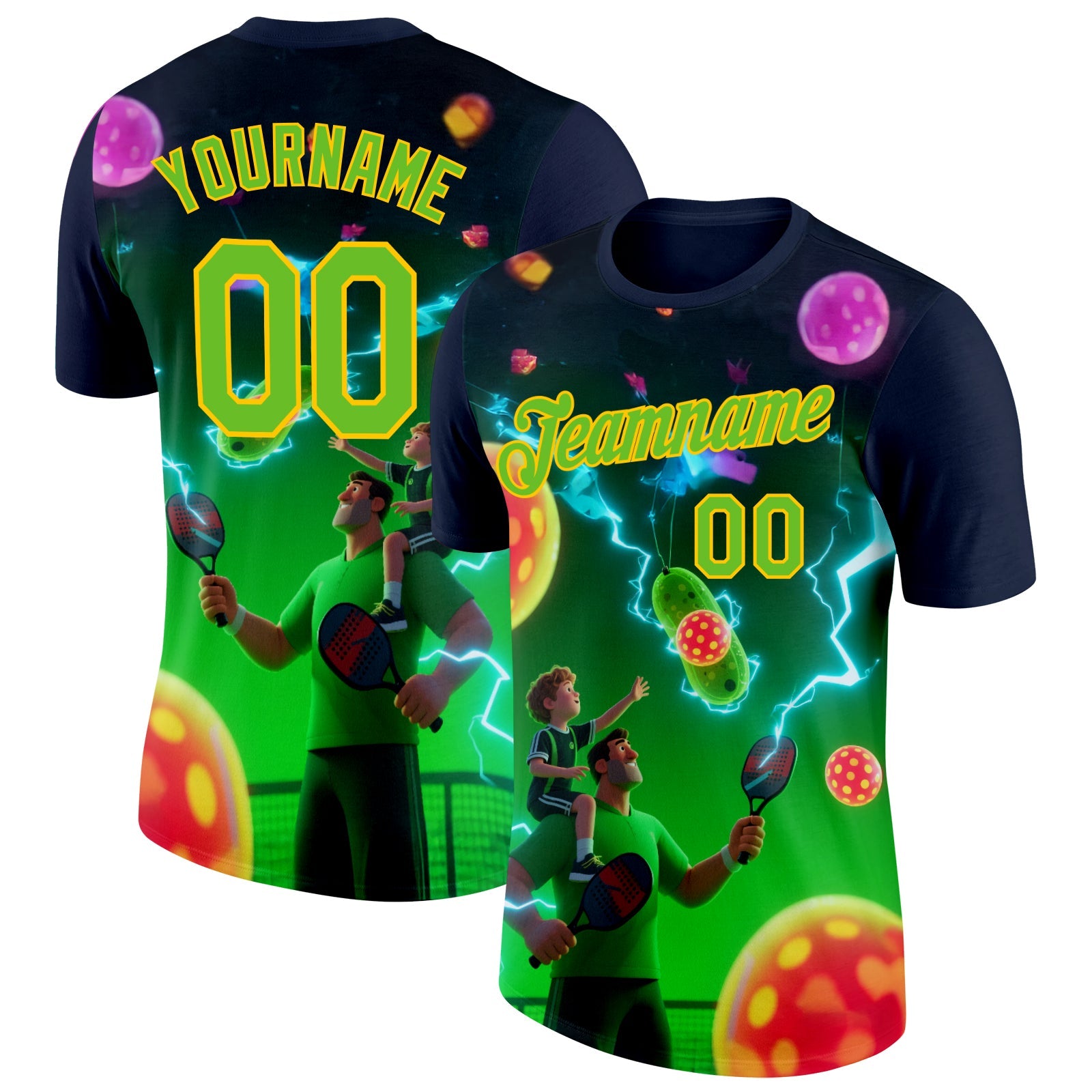 Custom Blue Aurora Green-Yellow 3D Charged Happy Family Pickleball Paddles Balls Performance T-Shirt - Main View