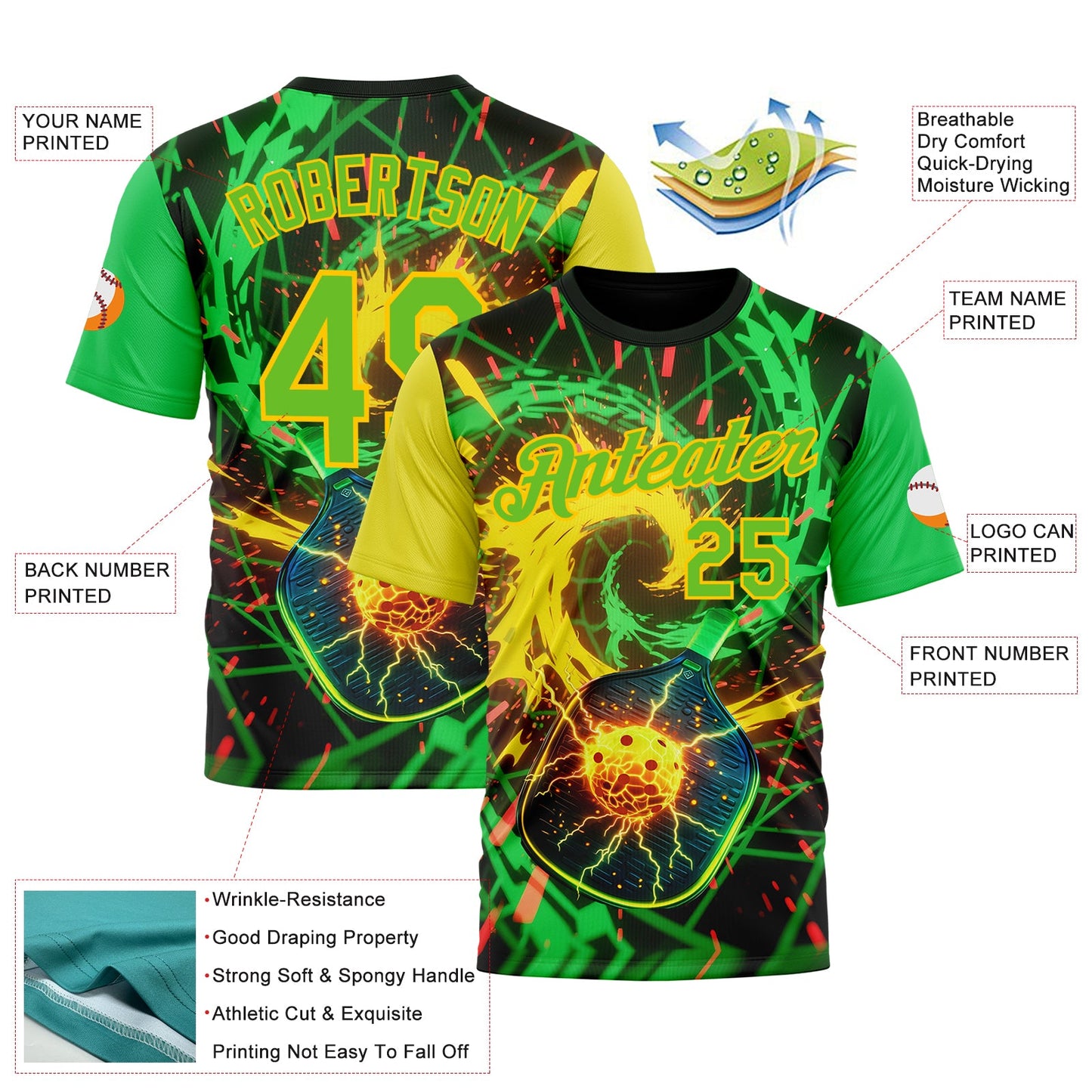 Custom Blue Aurora Green-Yellow 3D Charged Pickleball Paddles Balls Performance T-Shirt view 2
