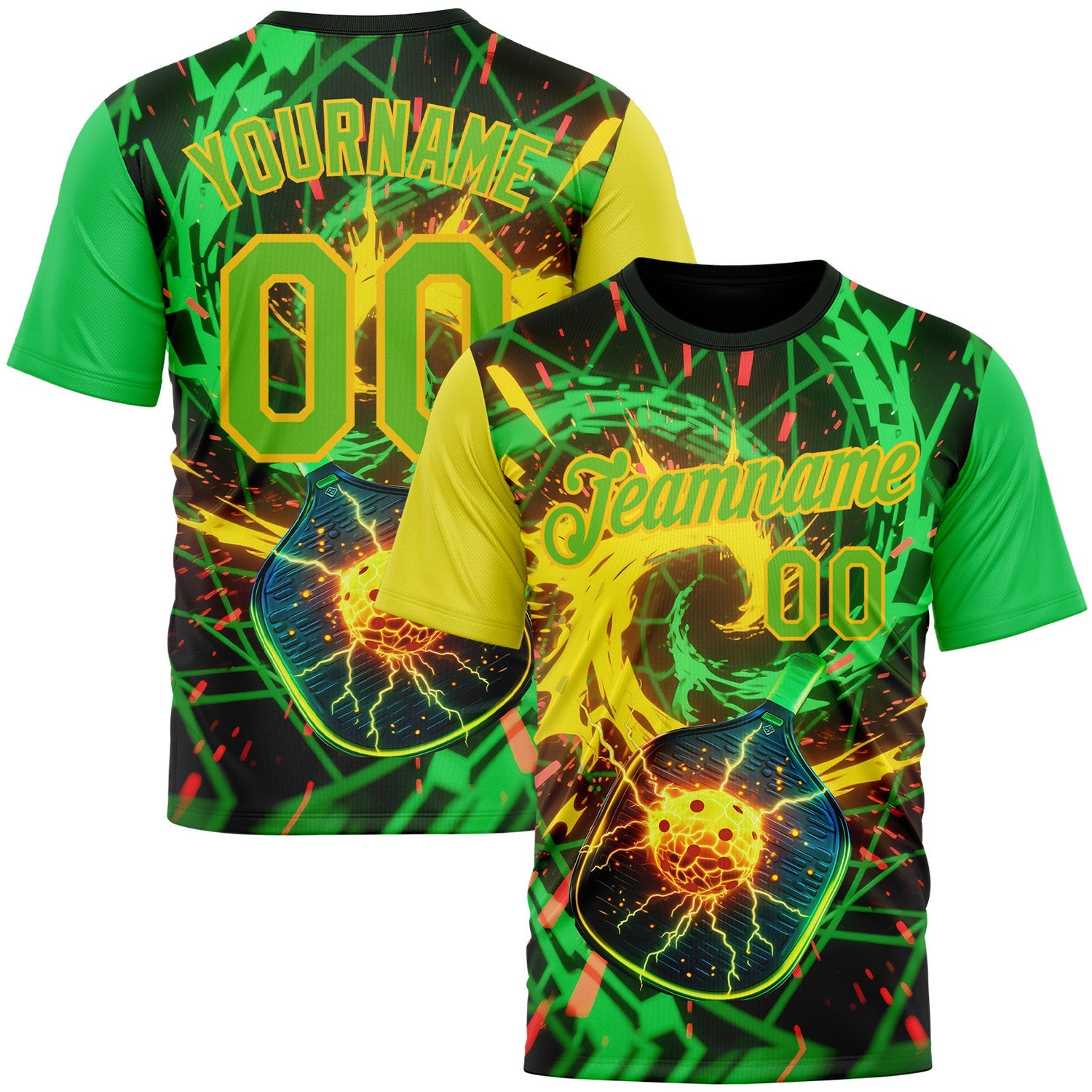 Custom Blue Aurora Green-Yellow 3D Charged Pickleball Paddles Balls Performance T-Shirt - Main View