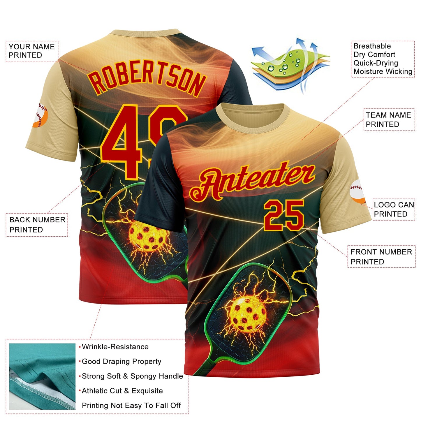 Custom Cream Red Blue-Yellow 3D Charged Pickleball Paddles Balls Performance T-Shirt view 2