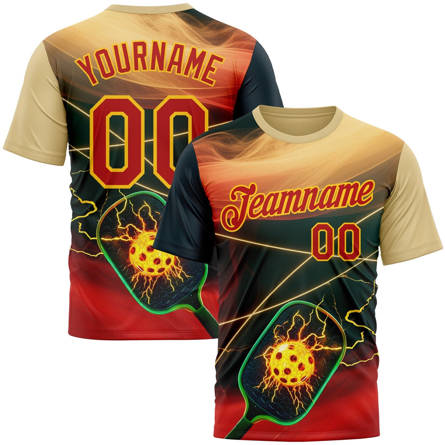 Custom Cream Red Blue-Yellow 3D Charged Pickleball Paddles Balls Performance T-Shirt - Main View