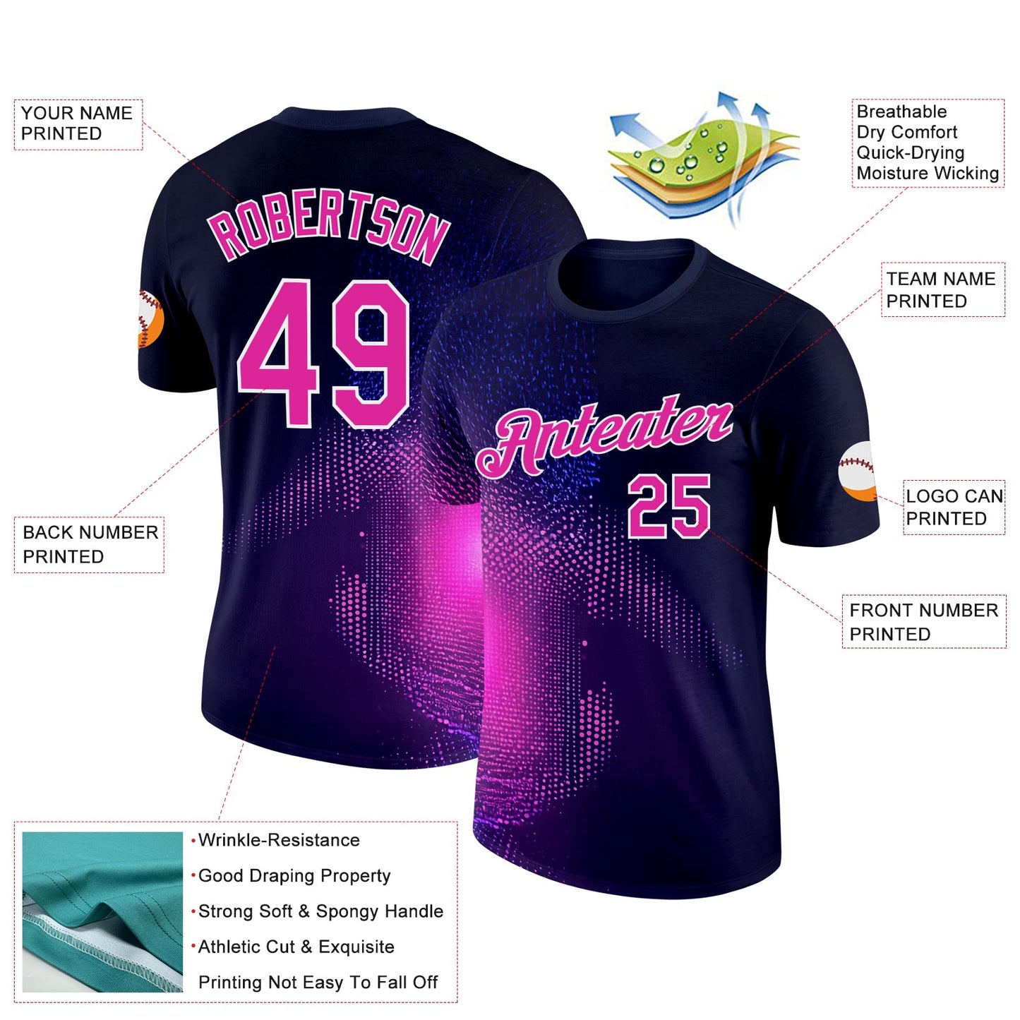 Custom Navy Deep Pink-White 3D Pattern Design Gradient Neon Sportswear Performance T-Shirt view 2