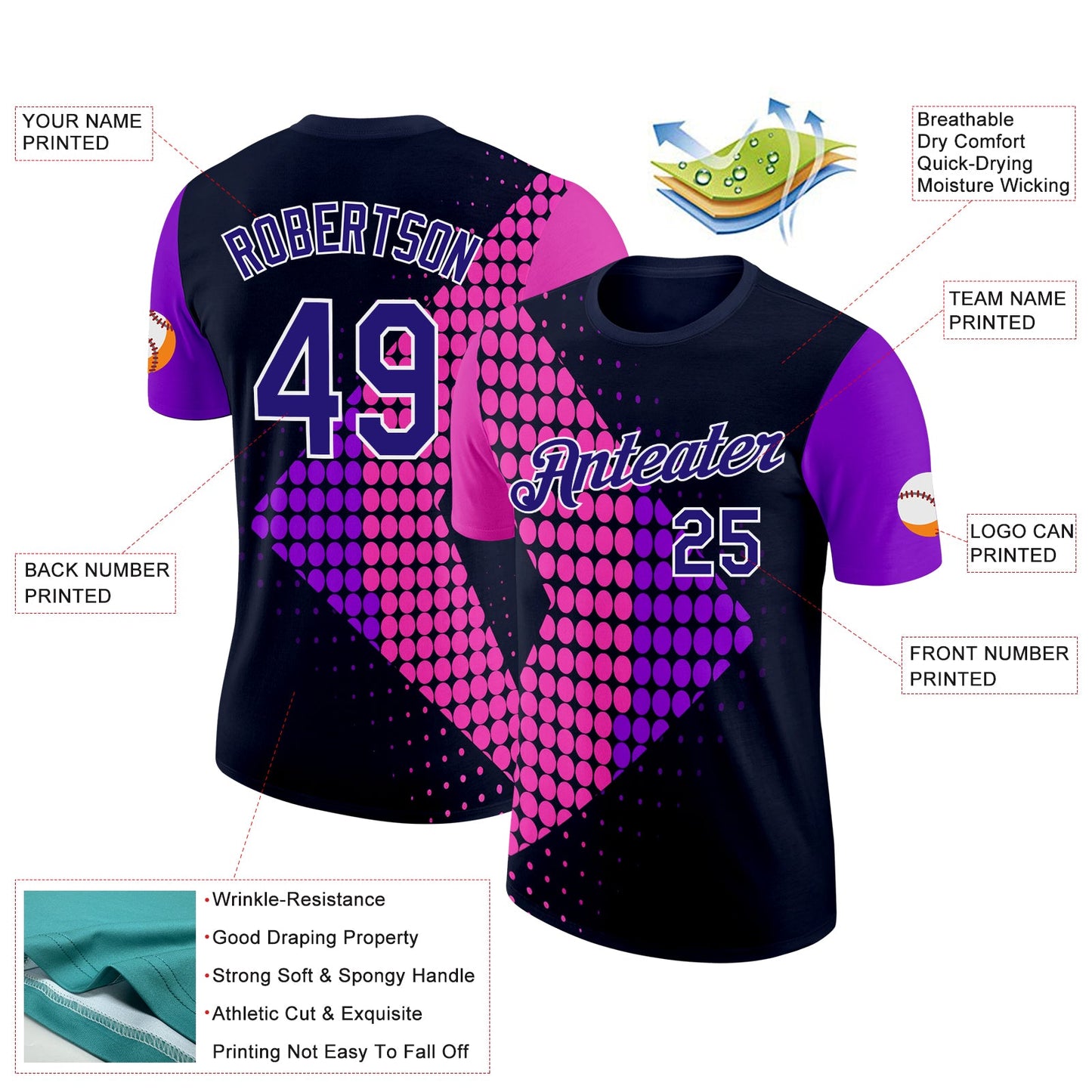 Custom Navy Dark Purple Pink-White 3D Pattern Design Neon Dots Sportswear Performance T-Shirt view 2