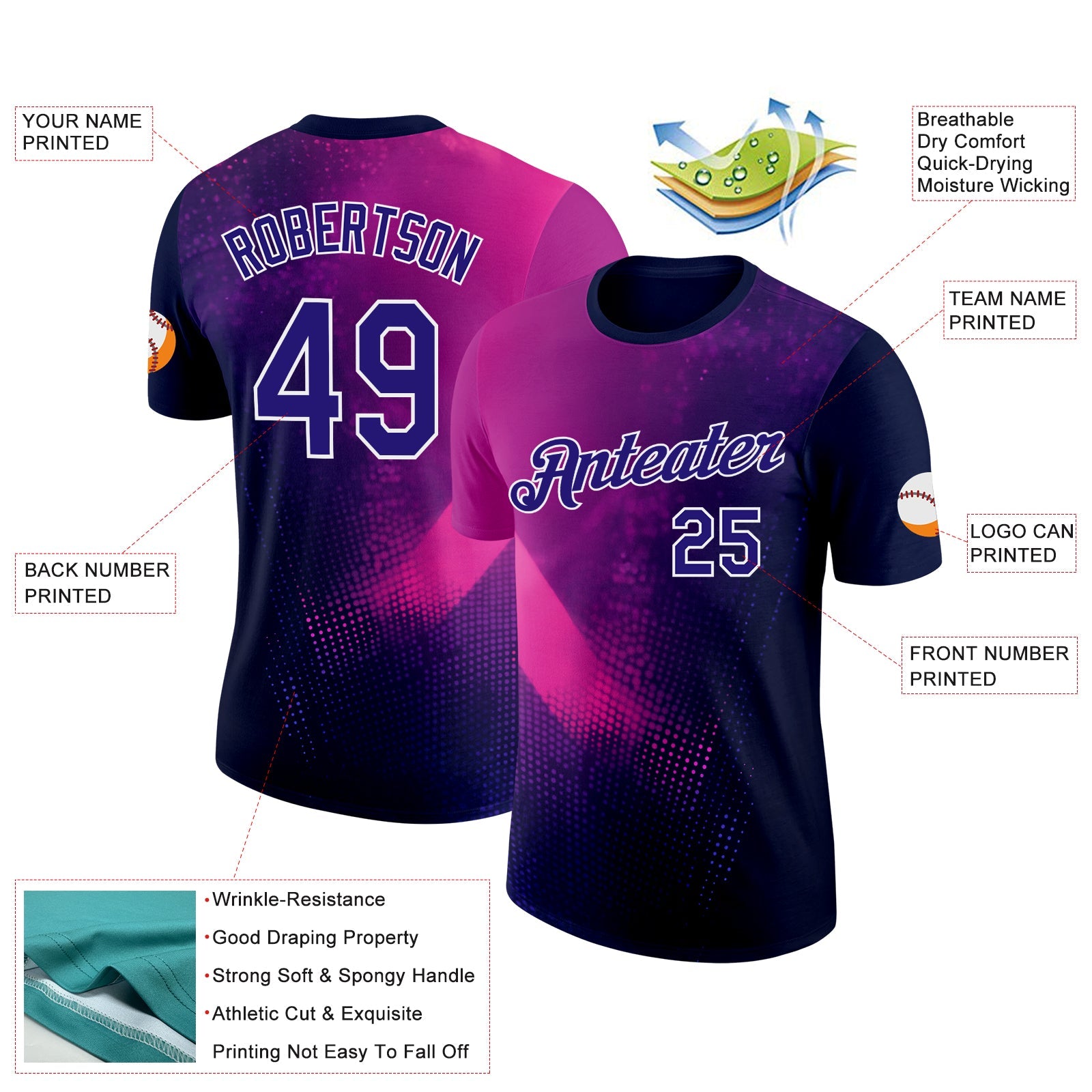 Custom Navy Dark Purple Pink-White 3D Pattern Design Gradient Neon Sportswear Performance T-Shirt view 2