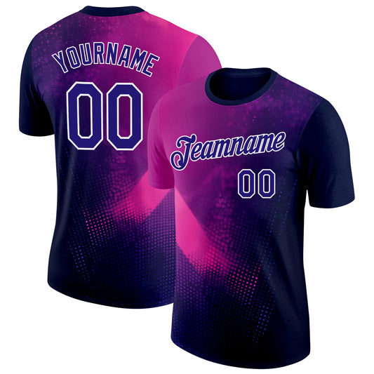 Custom Navy Dark Purple Pink-White 3D Pattern Design Gradient Neon Sportswear Performance T-Shirt - Main View