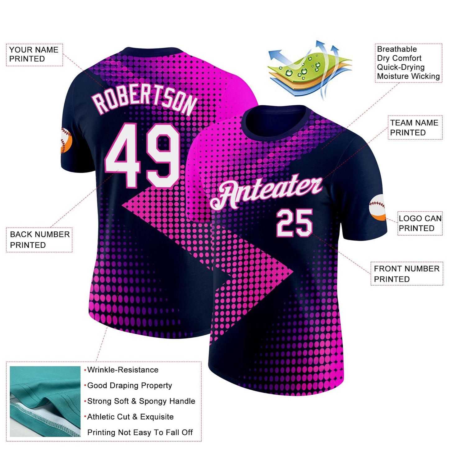 Custom Navy White-Deep Pink 3D Pattern Design Gradient Neon Sportswear Performance T-Shirt view 2