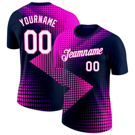 Custom Navy White-Deep Pink 3D Pattern Design Gradient Neon Sportswear Performance T-Shirt - Main View