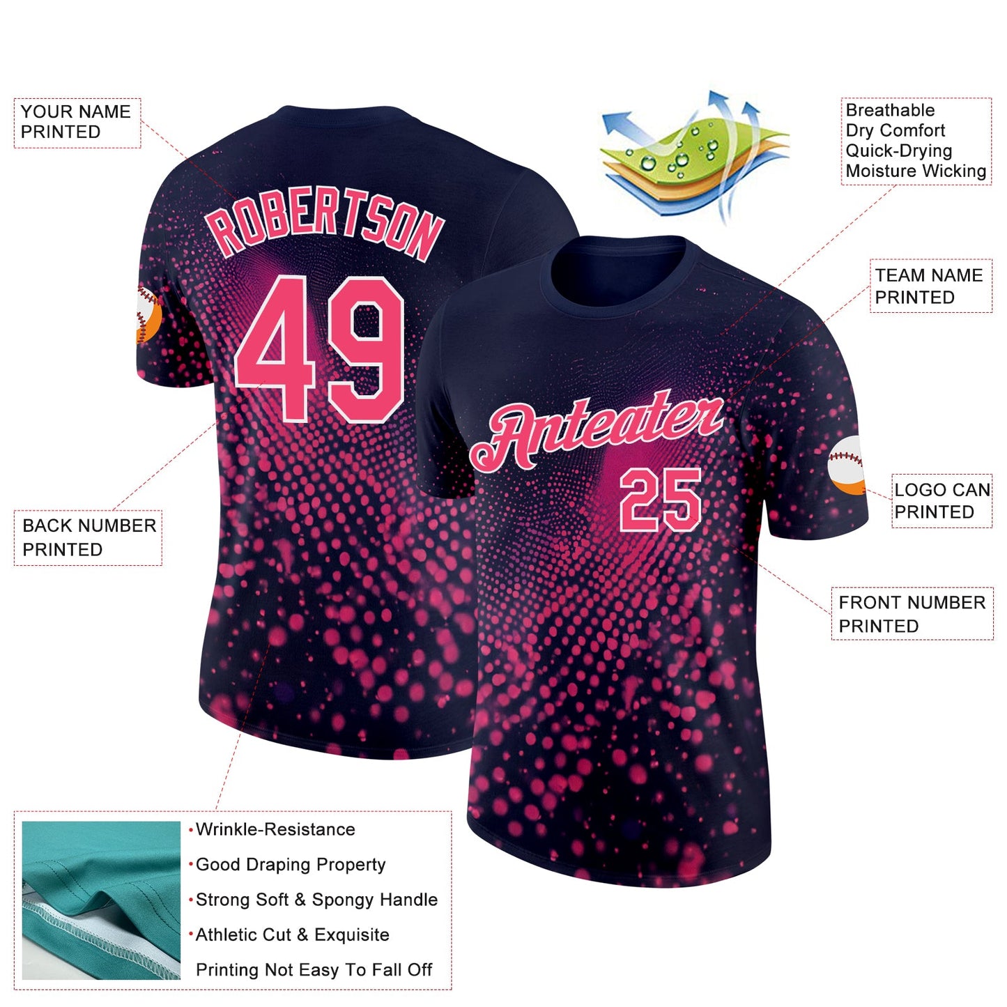 Custom Navy Neon Pink-White 3D Pattern Design Gradient Neon Sportswear Performance T-Shirt view 2