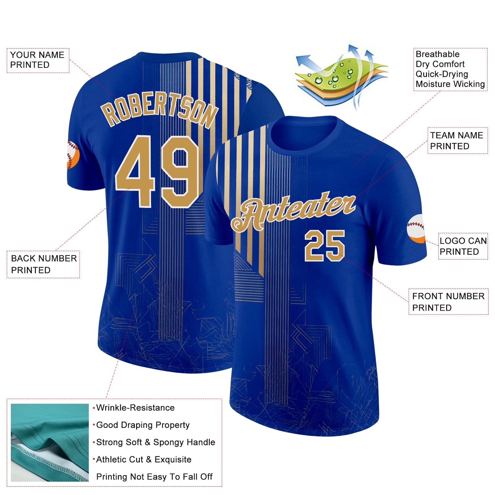 Custom Blue Old Gold-White 3D Pattern Design Brazil Stripe Sportswear Performance T-Shirt view 2