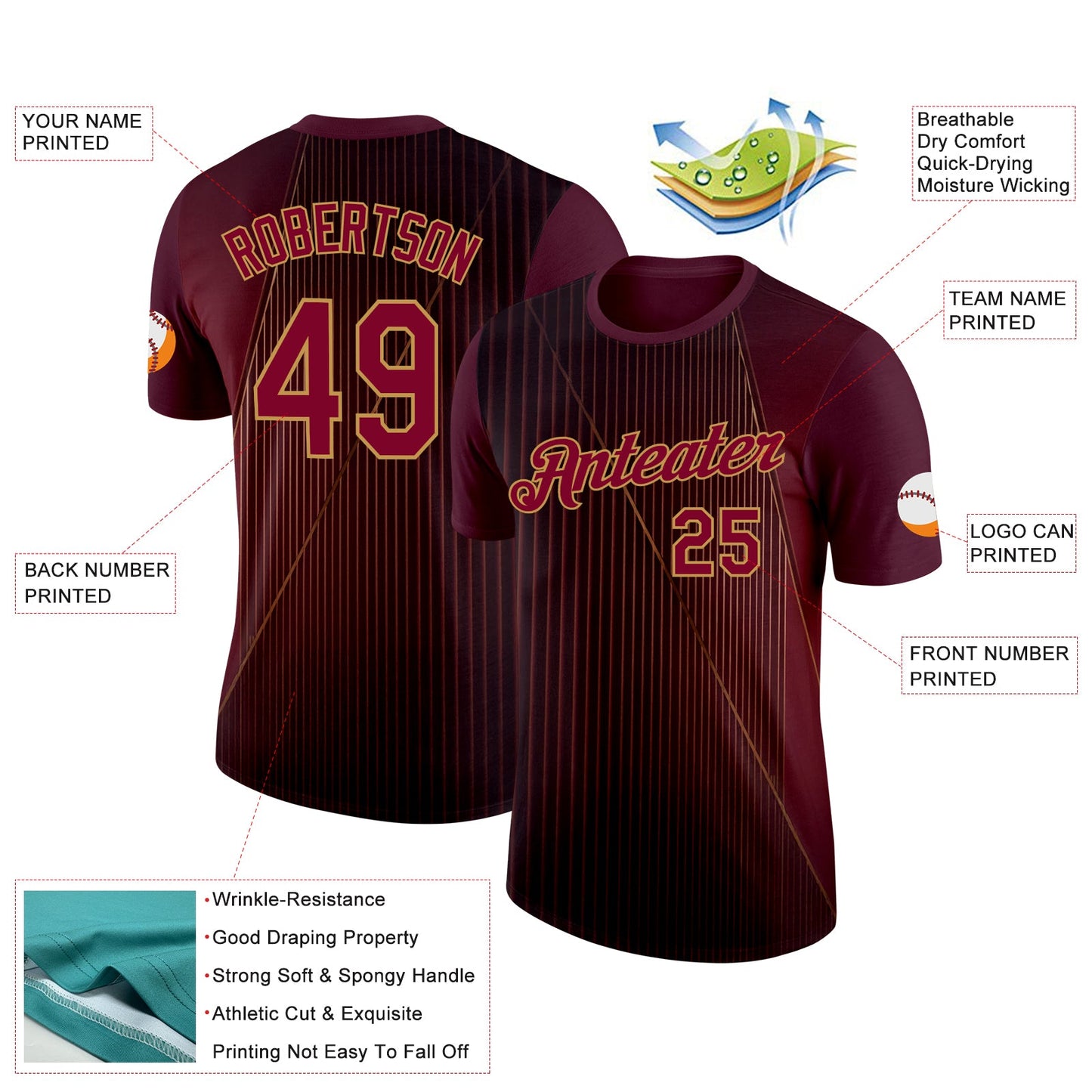 Custom Red Maroon-Old Gold 3D Pattern Design Gradient Stripe Sportswear Performance T-Shirt view 2