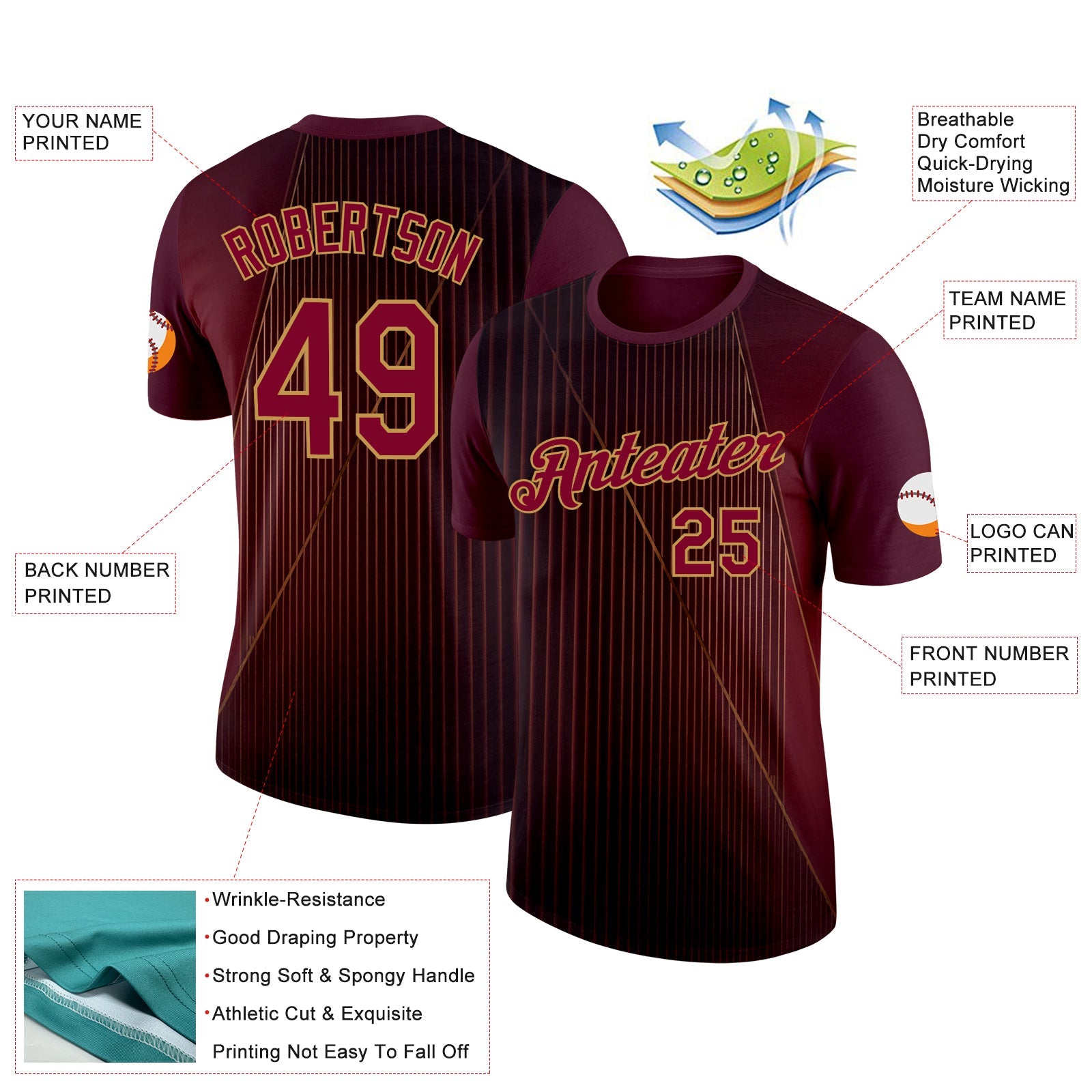 Custom Red Maroon-Old Gold 3D Pattern Design Gradient Stripe Sportswear Performance T-Shirt view 2
