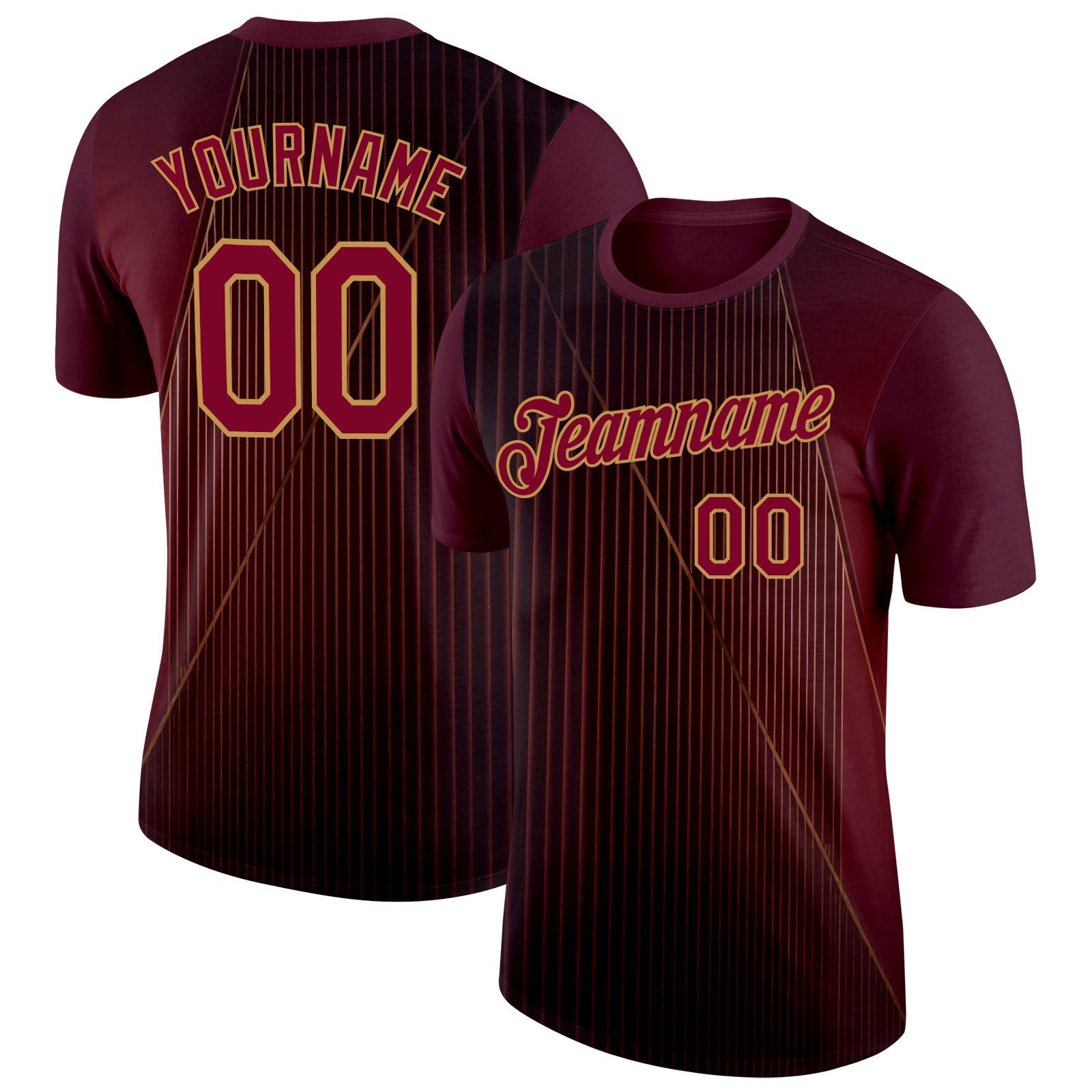 Custom Red Maroon-Old Gold 3D Pattern Design Gradient Stripe Sportswear Performance T-Shirt - Main View