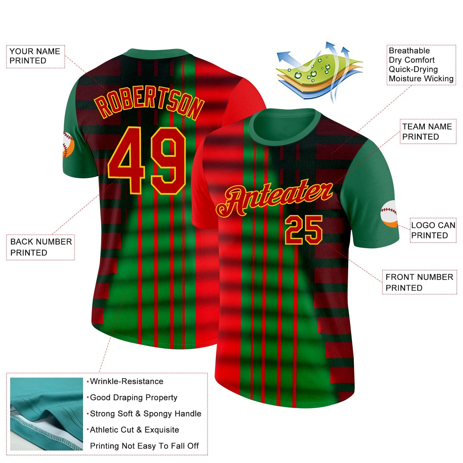 Custom Green Red-Yellow 3D Pattern Design Mexico Stripe Sportswear Performance T-Shirt view 2