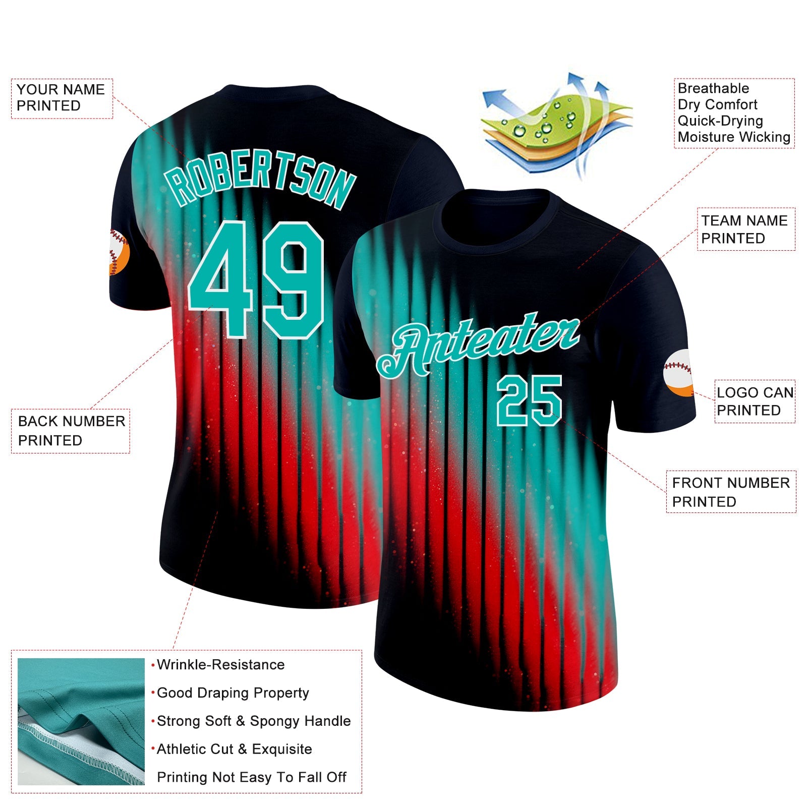 Custom Navy Aqua Red-White 3D Pattern Design Gradient Stripe Sportswear Performance T-Shirt view 2