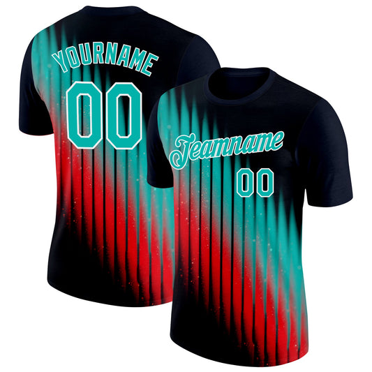 Custom Navy Aqua Red-White 3D Pattern Design Gradient Stripe Sportswear Performance T-Shirt - Main View