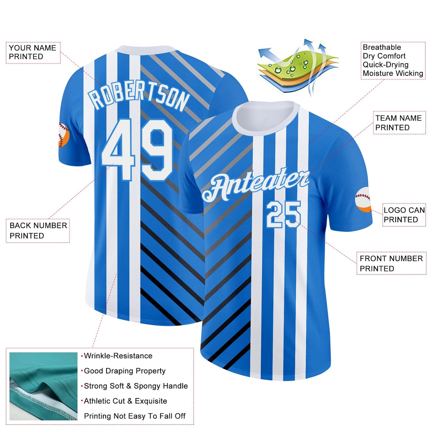 Custom Blue White Powder Blue Gray-Black 3D Pattern Design Argentina Stripe Sportswear Performance T-Shirt view 2