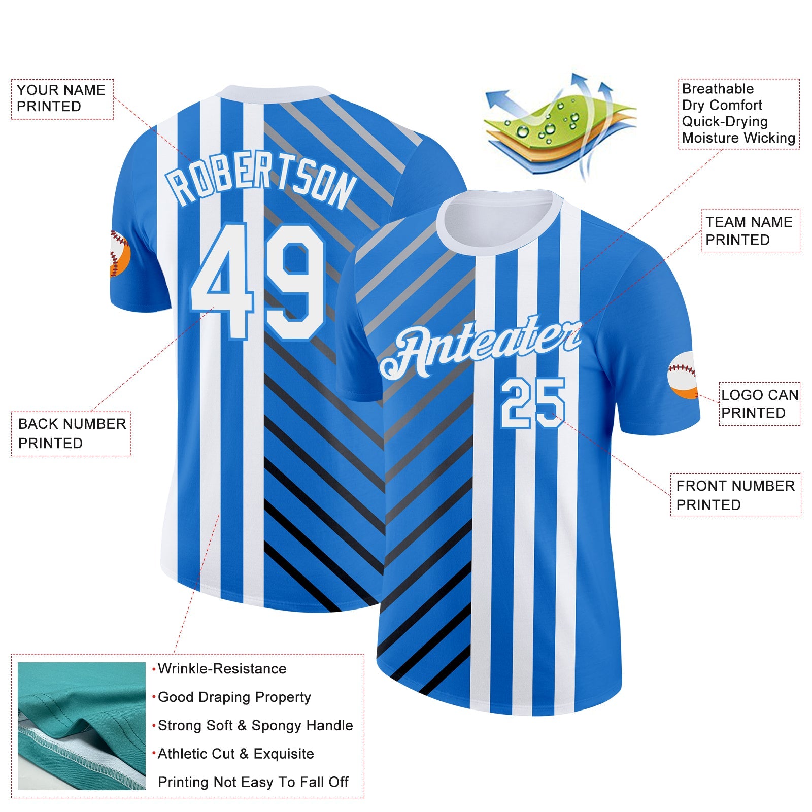 Custom Blue White Powder Blue Gray-Black 3D Pattern Design Argentina Stripe Sportswear Performance T-Shirt view 2