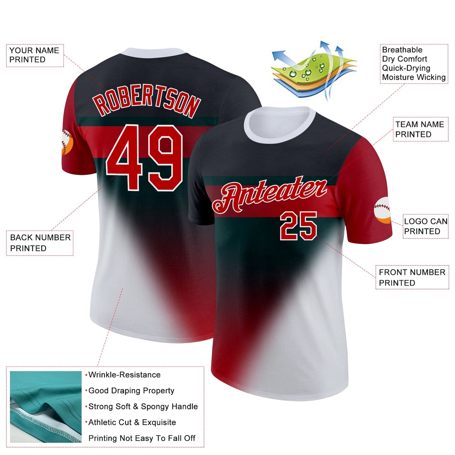 Custom Black Red-White 3D Pattern Design Gradient Sportswear Performance T-Shirt view 2
