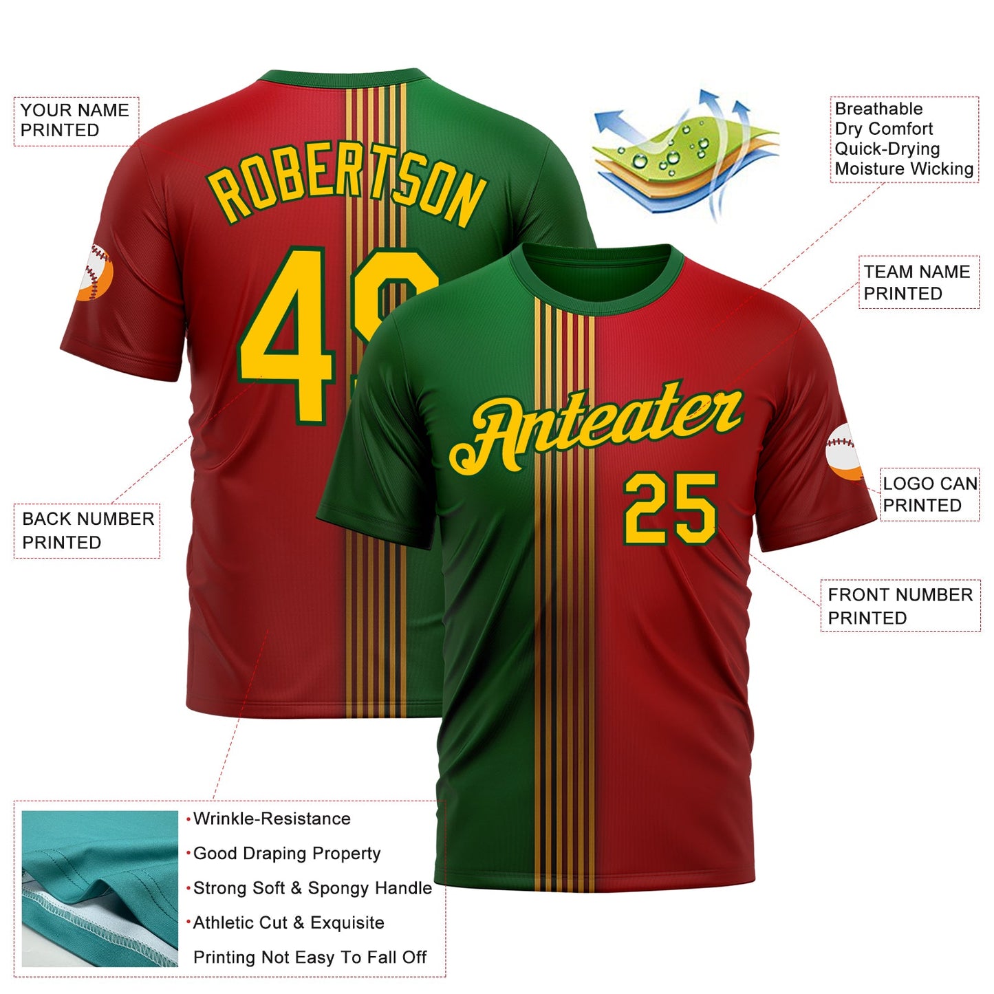 Custom Red Yellow-Green 3D Pattern Design Mexico Portugal Sportswear Performance T-Shirt view 2