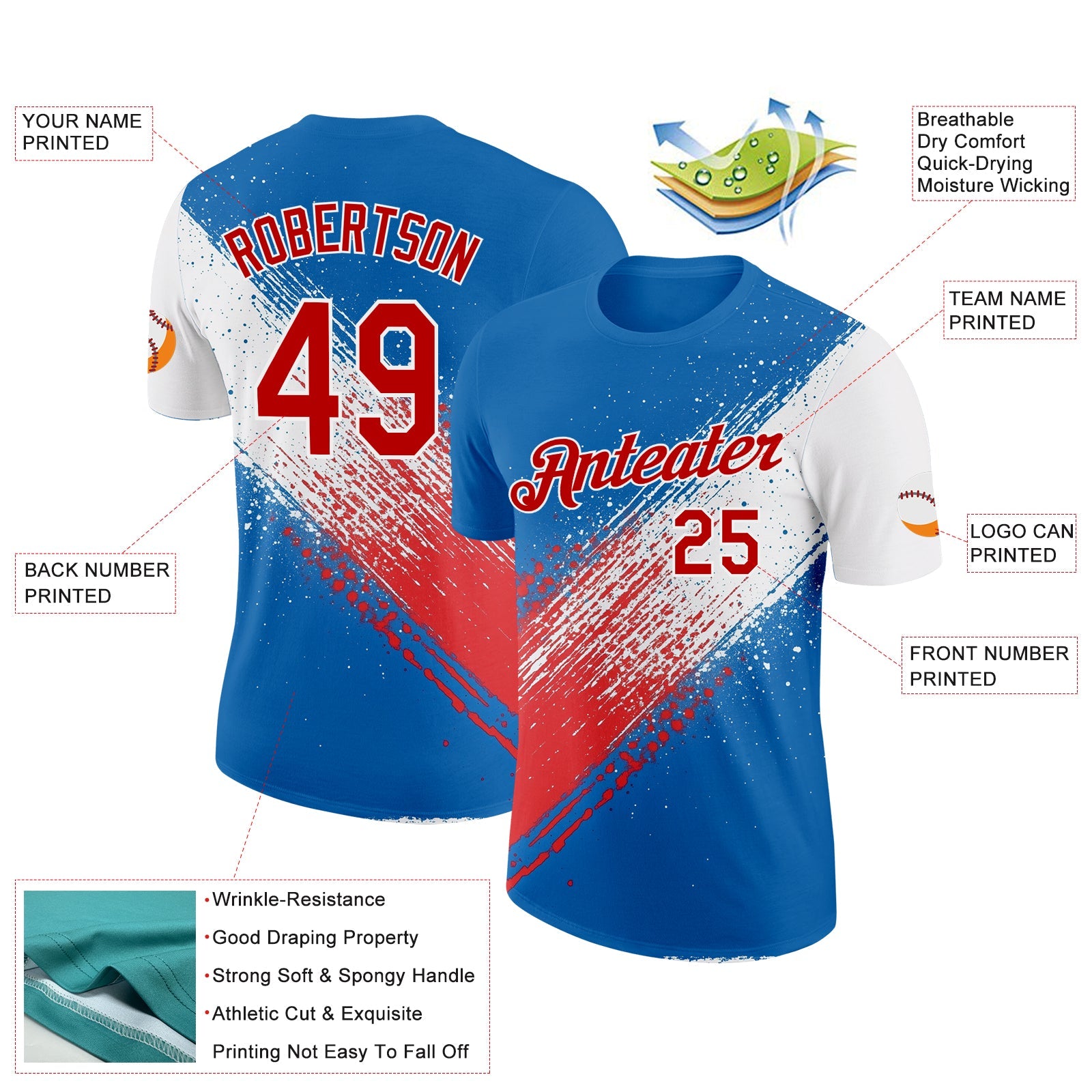 Custom Blue Red-White 3D Pattern Design USA Cuba Sportswear Performance T-Shirt view 2