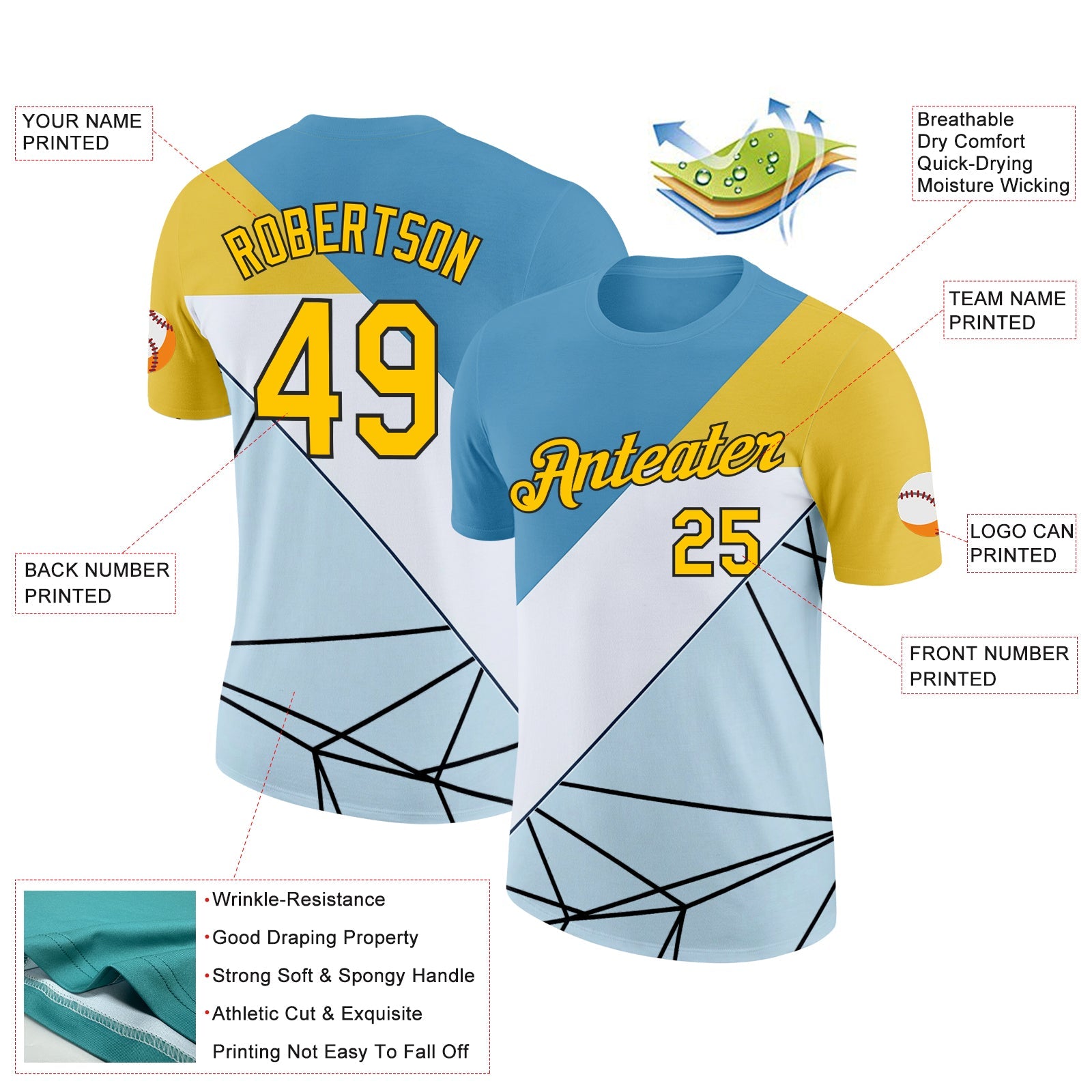 Custom Blue Yellow White-Black 3D Pattern Design Geometric Shape Sportswear Performance T-Shirt view 2