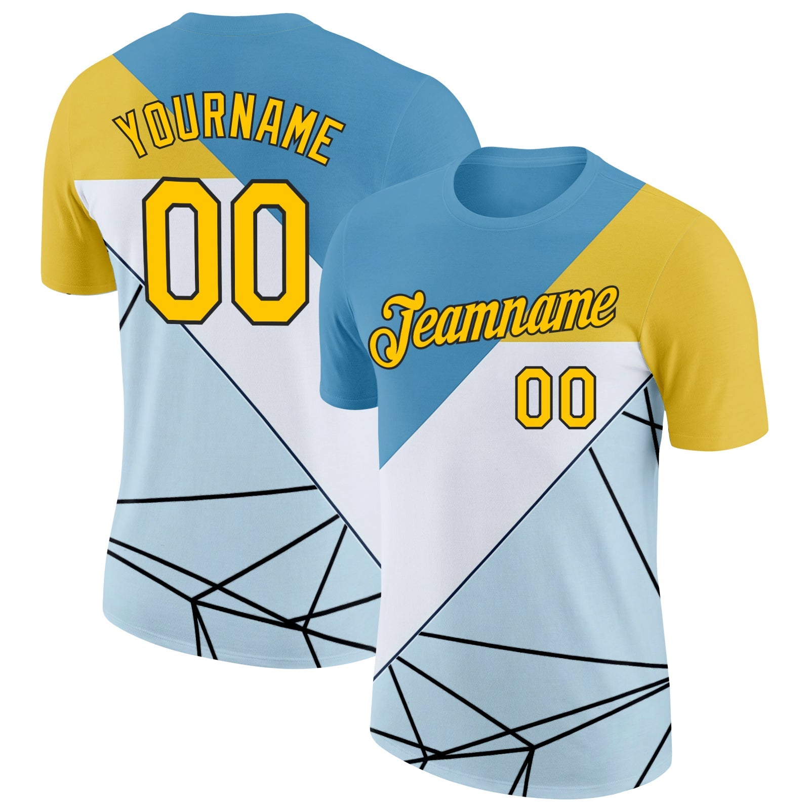 Custom Blue Yellow White-Black 3D Pattern Design Geometric Shape Sportswear Performance T-Shirt - Main View