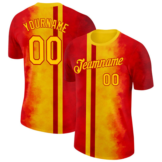Custom Red Yellow 3D Pattern Design Spain Gradient Sportswear Performance T-Shirt - Main View