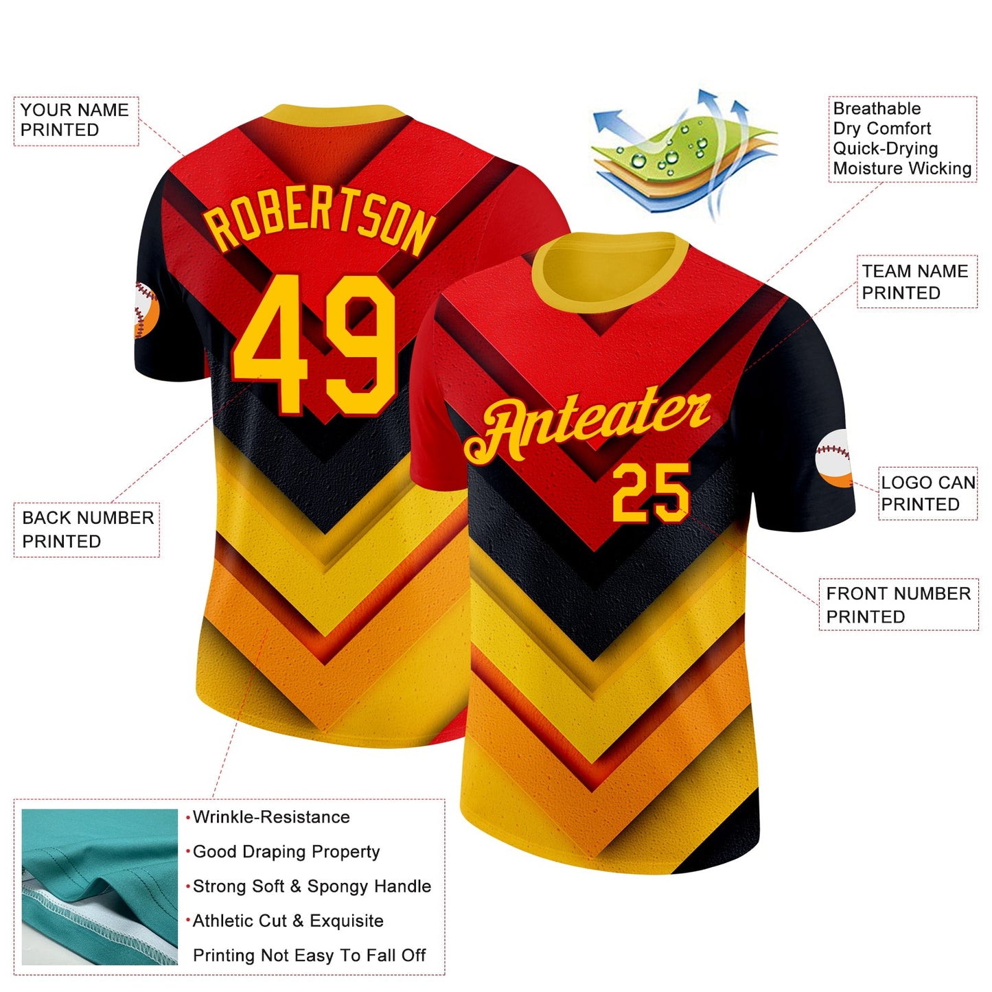 Custom Red Yellow-Black 3D Pattern Design Arrow Shape Sportswear Performance T-Shirt view 2