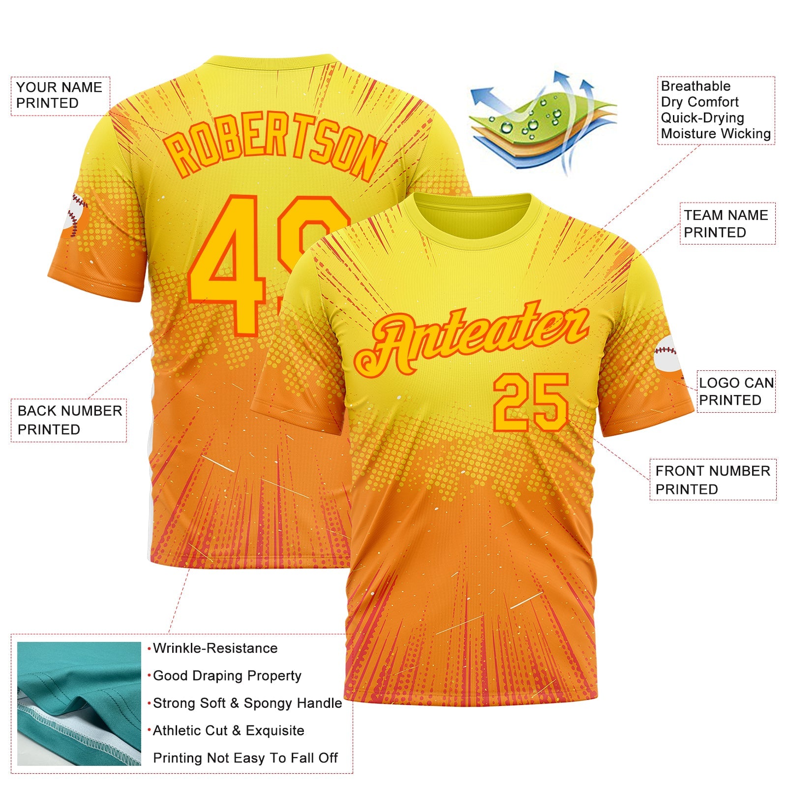 Custom Yellow Orange 3D Pattern Design Anime Inspired Gradient Sportswear Performance T-Shirt view 2