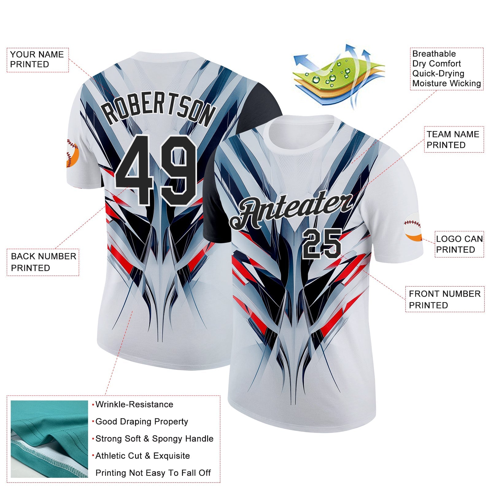 Custom White Black-Red 3D Pattern Design Abstract Shape Sportswear Performance T-Shirt view 2