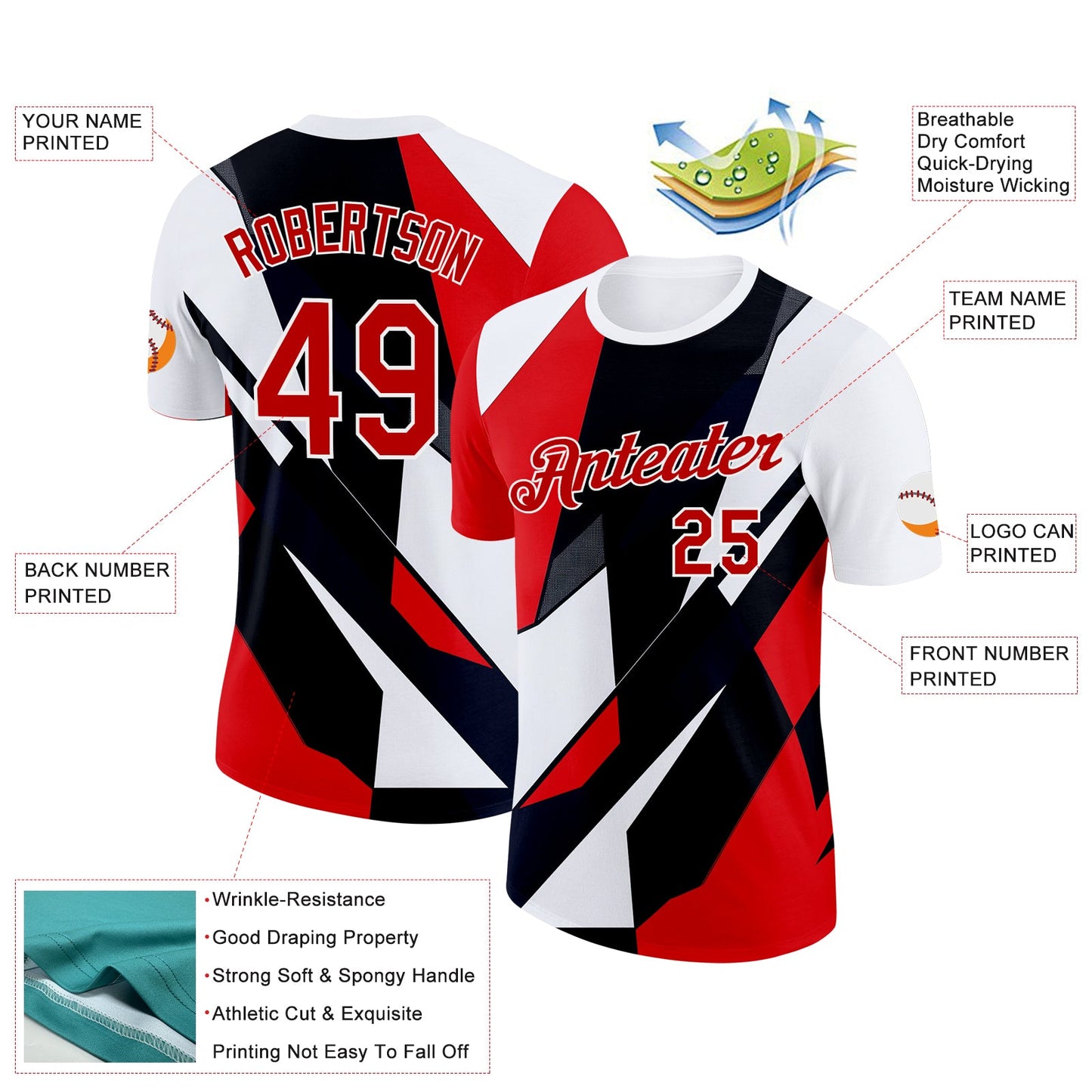 Custom White Red-Black 3D Pattern Design Geometric Shape Sportswear Performance T-Shirt view 2