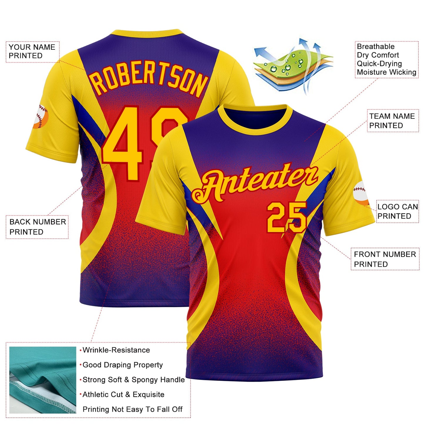 Custom Yellow Purple-Red 3D Pattern Design Gradient Sportswear Performance T-Shirt view 2
