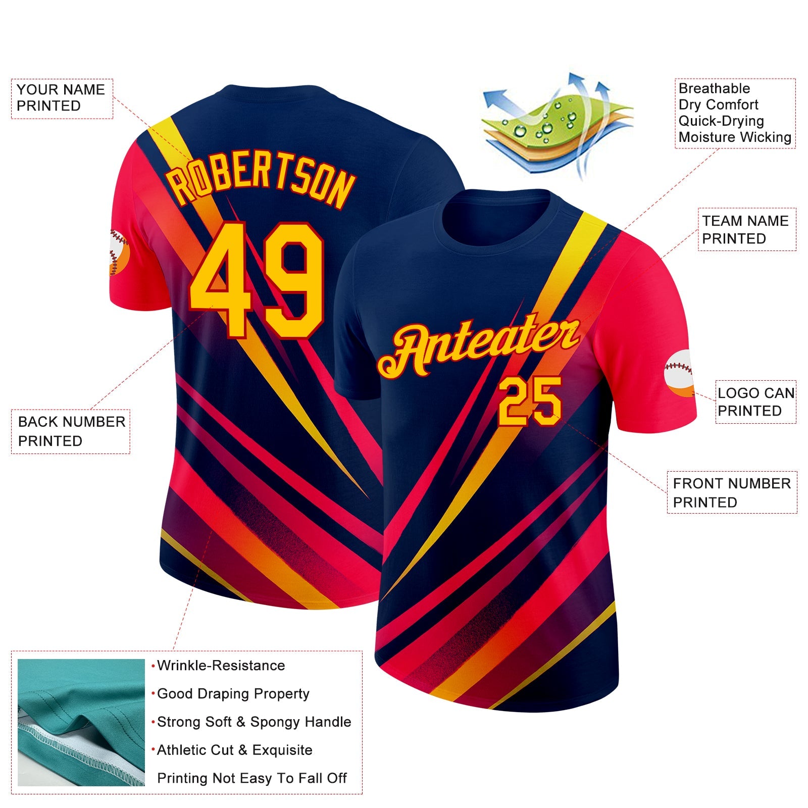 Custom Blue Yellow-Red 3D Pattern Design Gradient Line Sportswear Performance T-Shirt view 2
