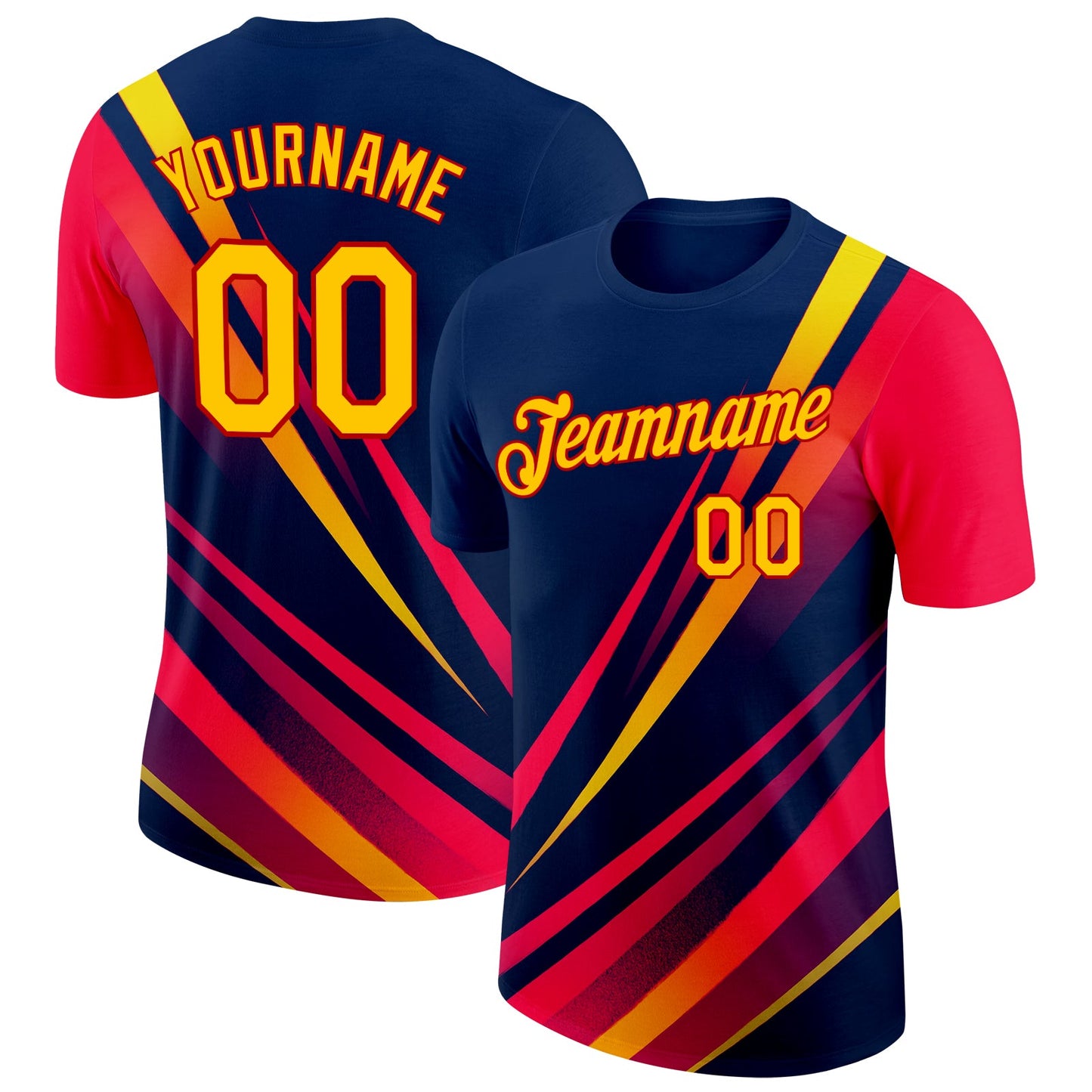 Custom Blue Yellow-Red 3D Pattern Design Gradient Line Sportswear Performance T-Shirt - Main View
