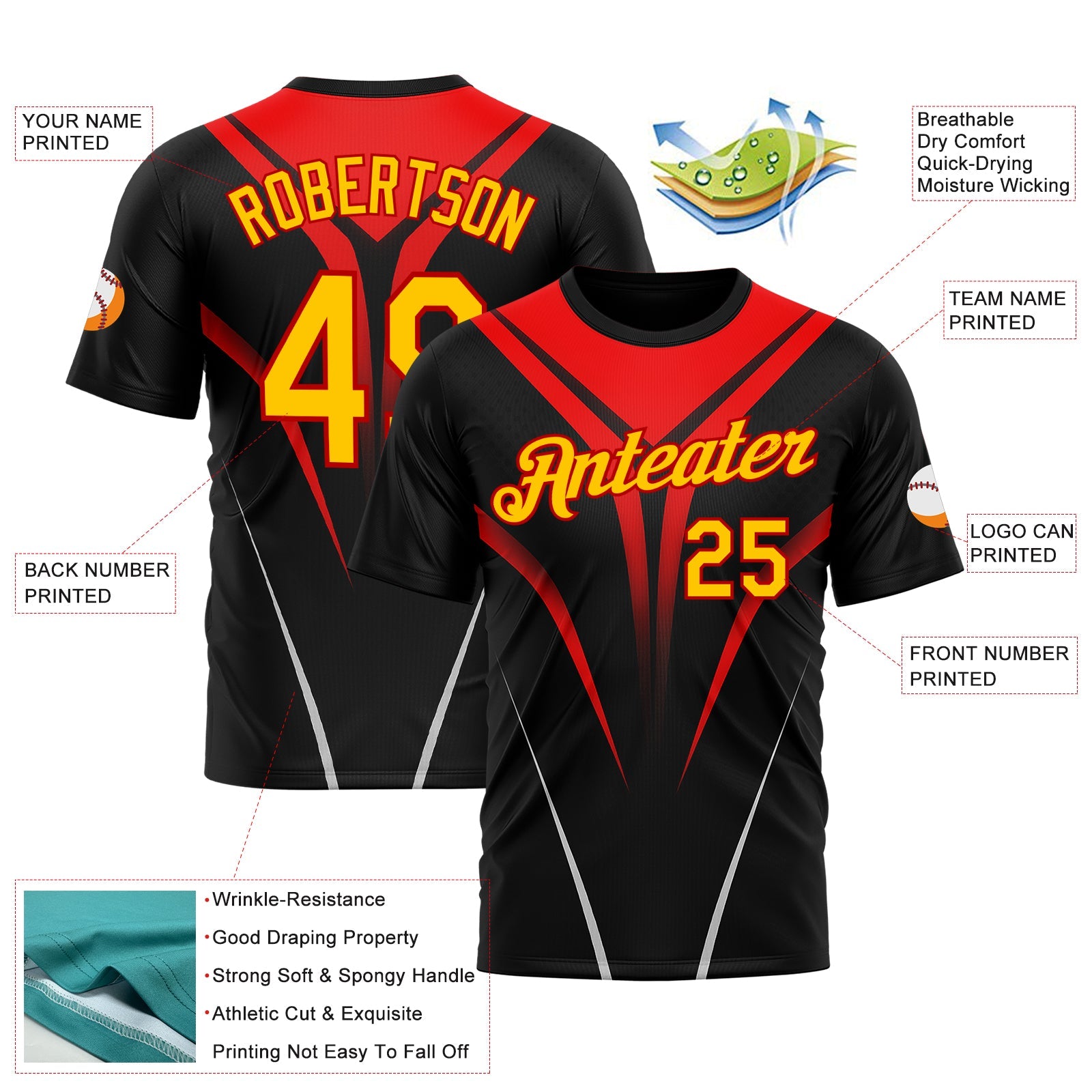 Custom Black Yellow-Red 3D Pattern Design Gradient Line Sportswear Performance T-Shirt view 2