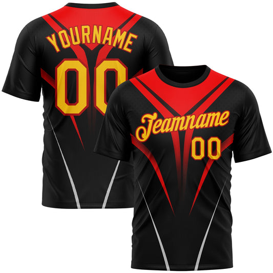 Custom Black Yellow-Red 3D Pattern Design Gradient Line Sportswear Performance T-Shirt - Main View