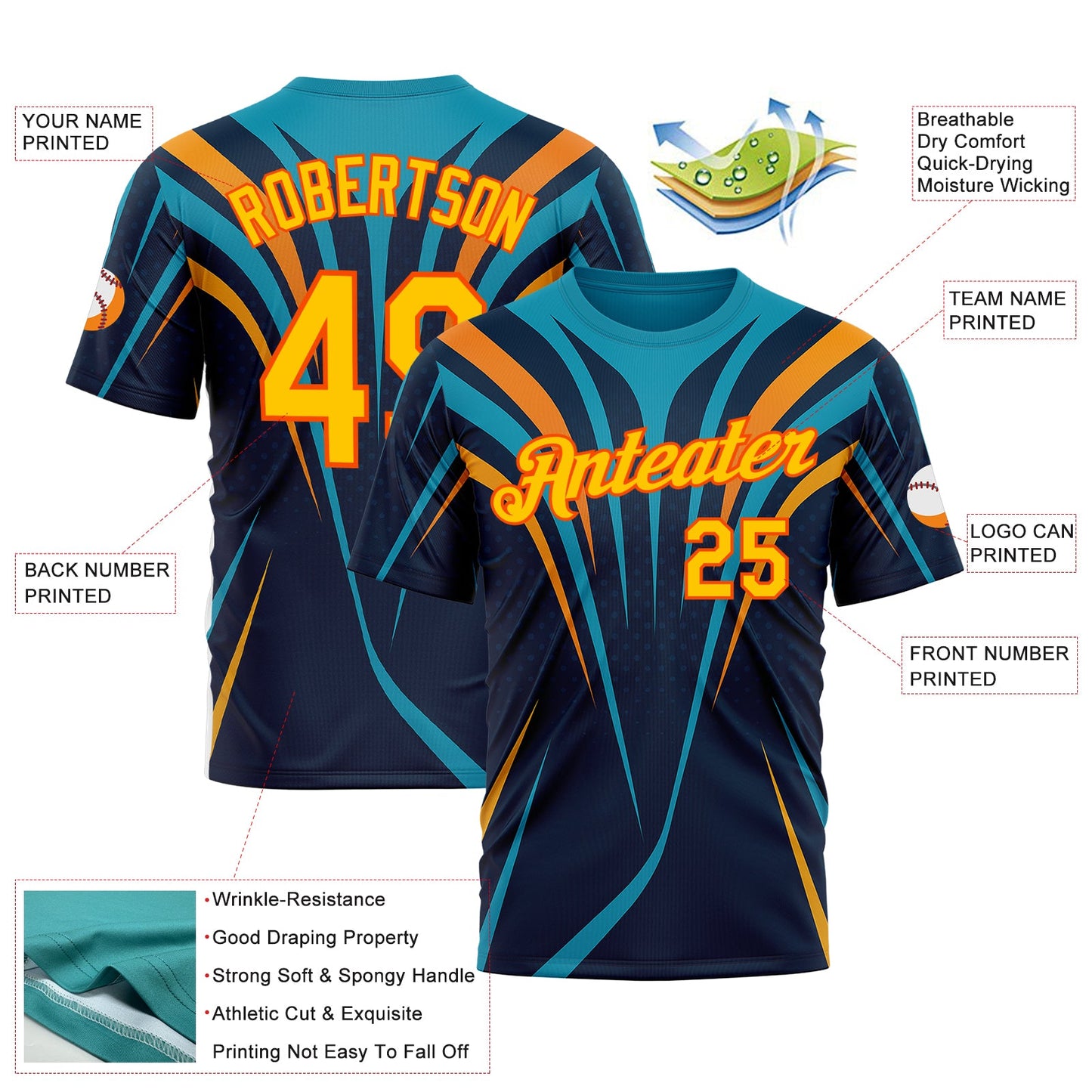 Custom Blue Yellow-Orange 3D Pattern Design Line Sportswear Performance T-Shirt view 2