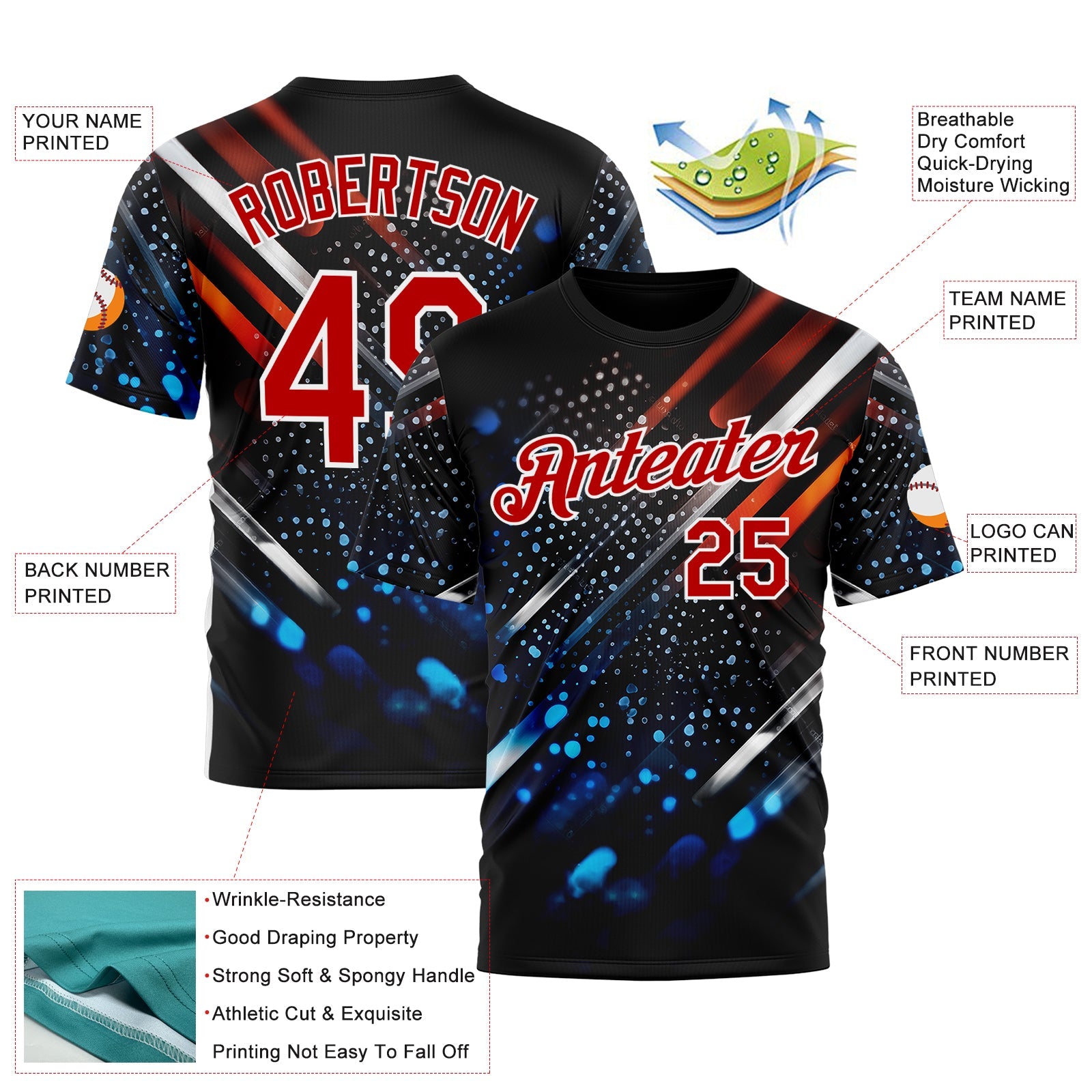 Custom Blue Red-White 3D Pattern Design Water Droplet Sportswear Performance T-Shirt view 2