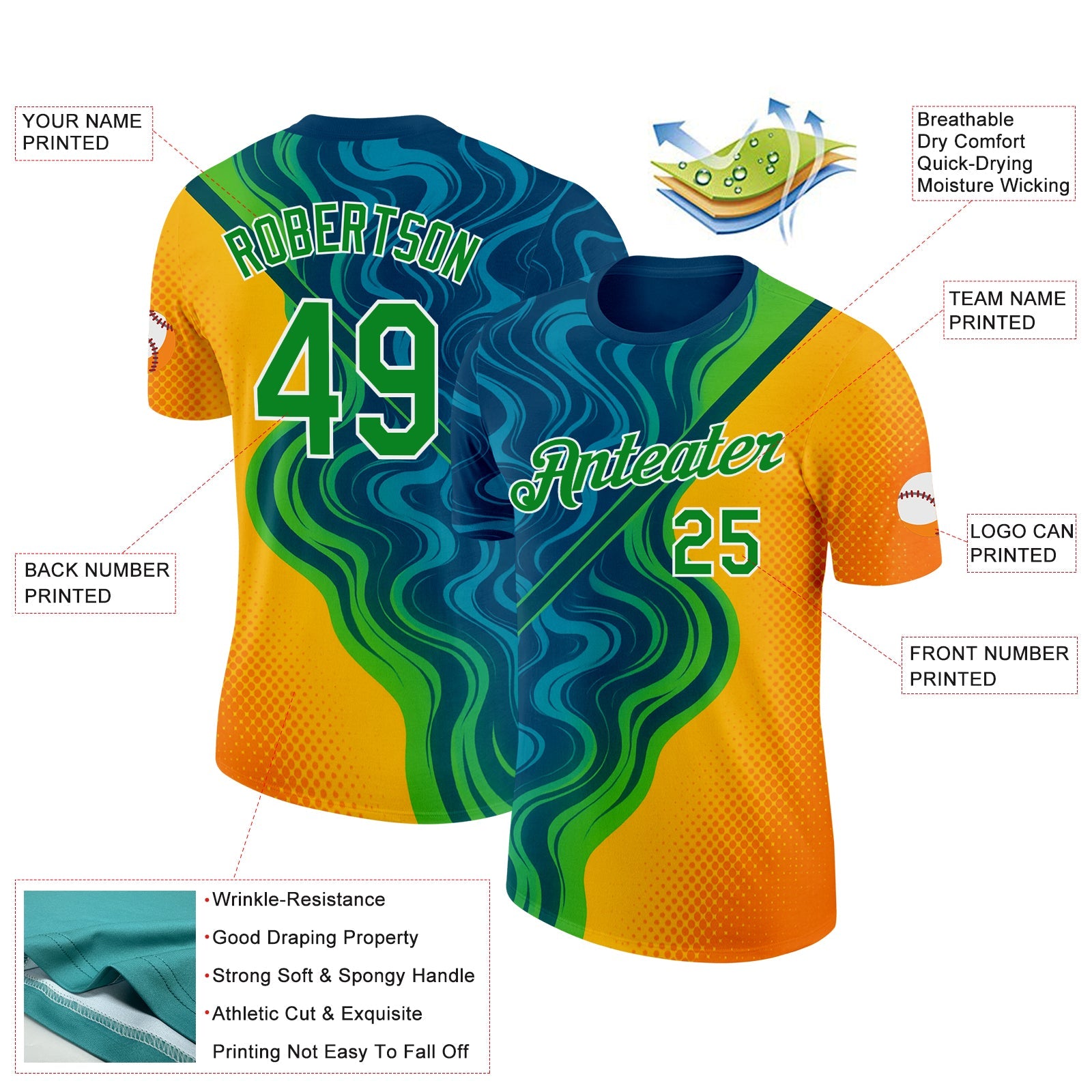Custom Blue Grass Green Yellow-White 3D Pattern Design Brazil Marbel Sportswear Performance T-Shirt view 2
