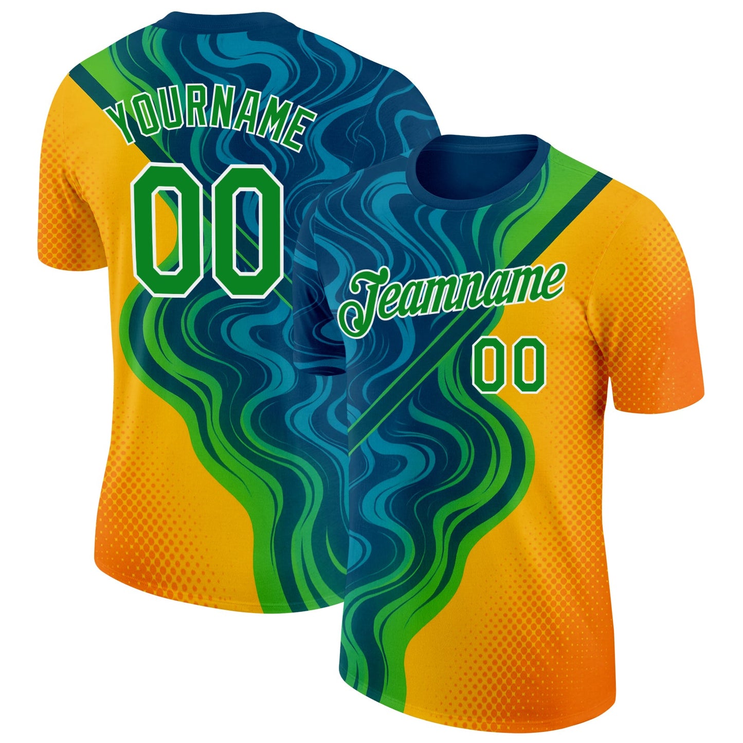 Custom Blue Grass Green Yellow-White 3D Pattern Design Brazil Marbel Sportswear Performance T-Shirt - Main View