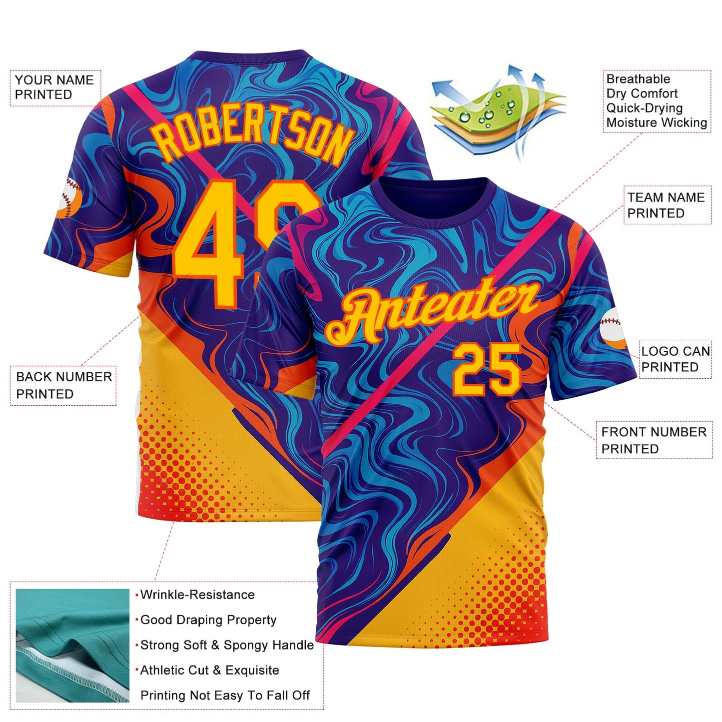 Custom Dark Purple Yellow-Orange 3D Pattern Design Romania Colombia Sportswear Performance T-Shirt view 2