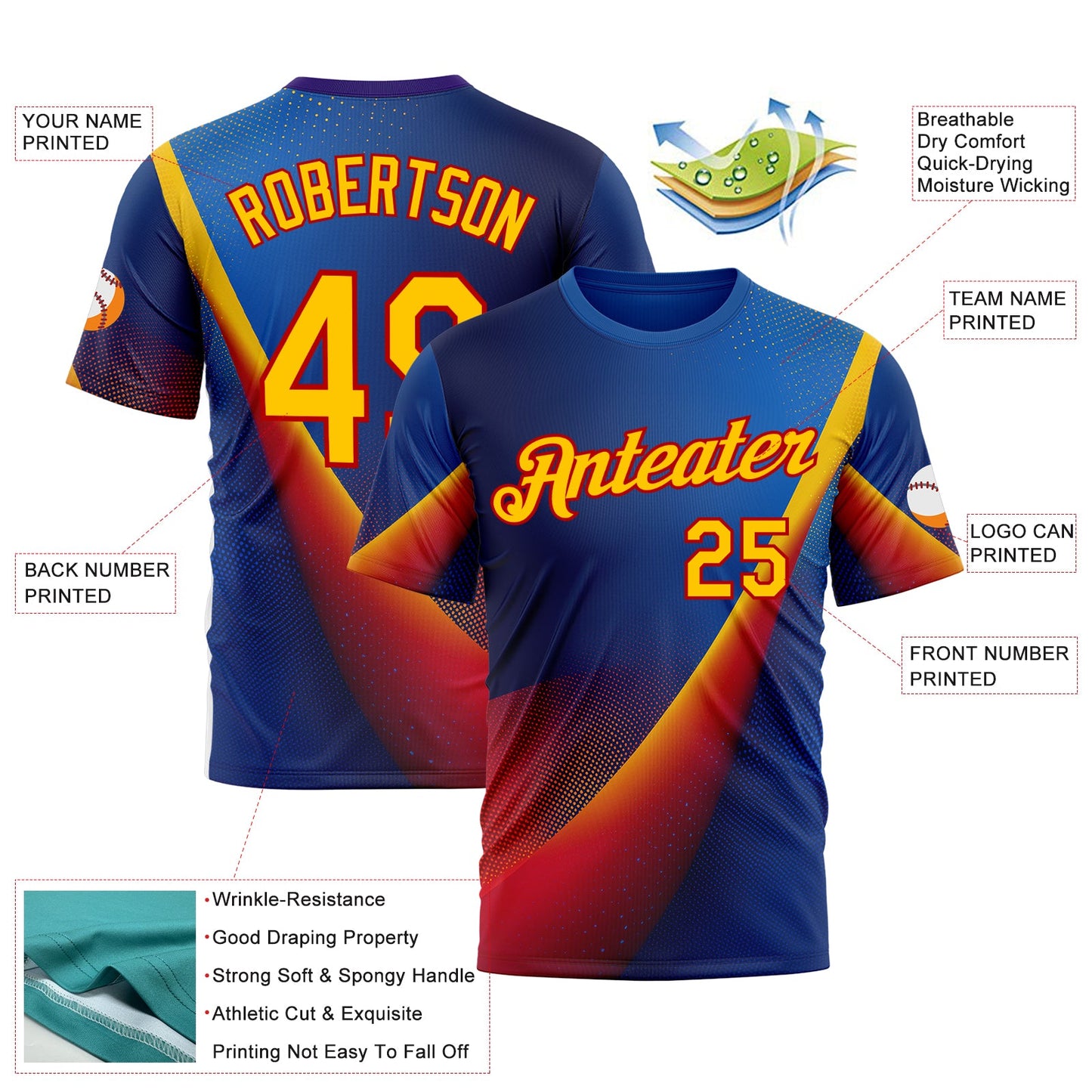 Custom Blue Yellow-Red 3D Pattern Design Romania Colombia Sportswear Performance T-Shirt view 2