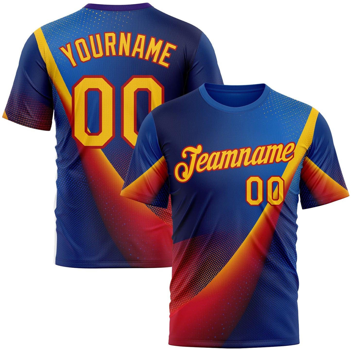 Custom Blue Yellow-Red 3D Pattern Design Romania Colombia Sportswear Performance T-Shirt - Main View