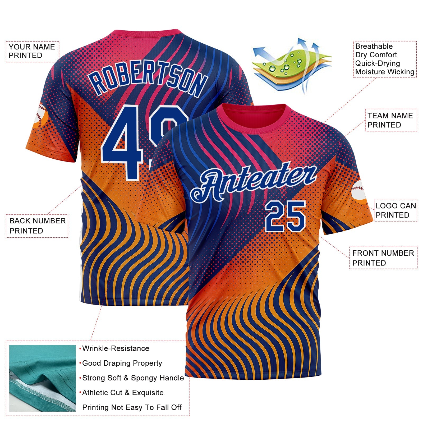 Custom Red Royal Yellow Blue-White 3D Pattern Design Romania Colombia Sportswear Performance T-Shirt view 2