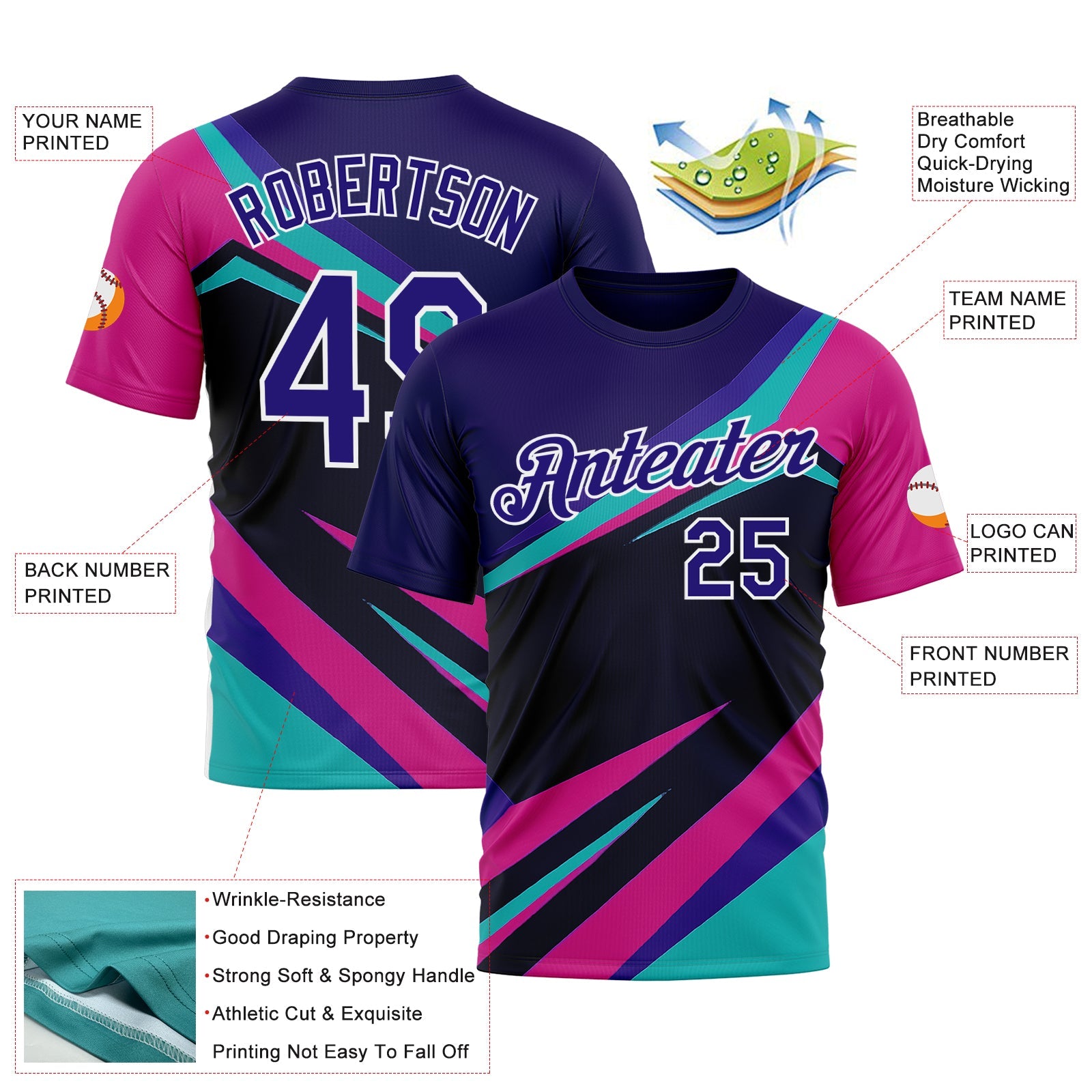 Custom Blue Dark Purple Black Pink-White 3D Pattern Design Line Sportswear Performance T-Shirt view 2