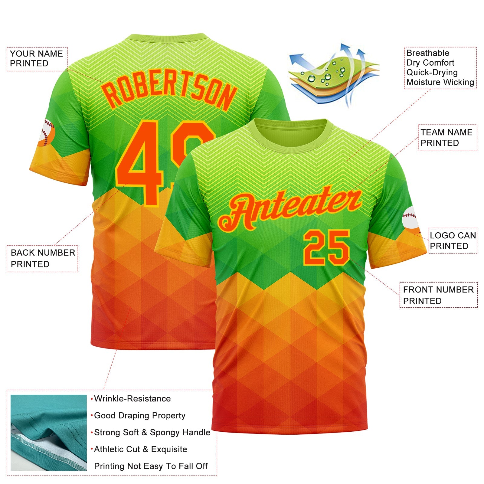 Custom Green Orange-Yellow 3D Pattern Design Gradient Sportswear Performance T-Shirt view 2